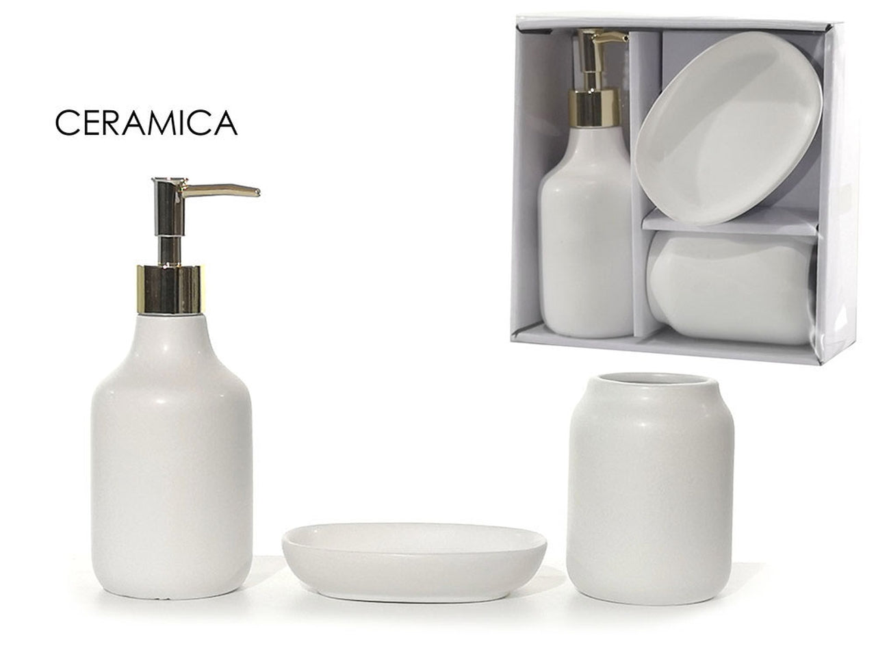 Set da bagno in ceramica bianca formato da porta sapone, dispenser e bicchiere