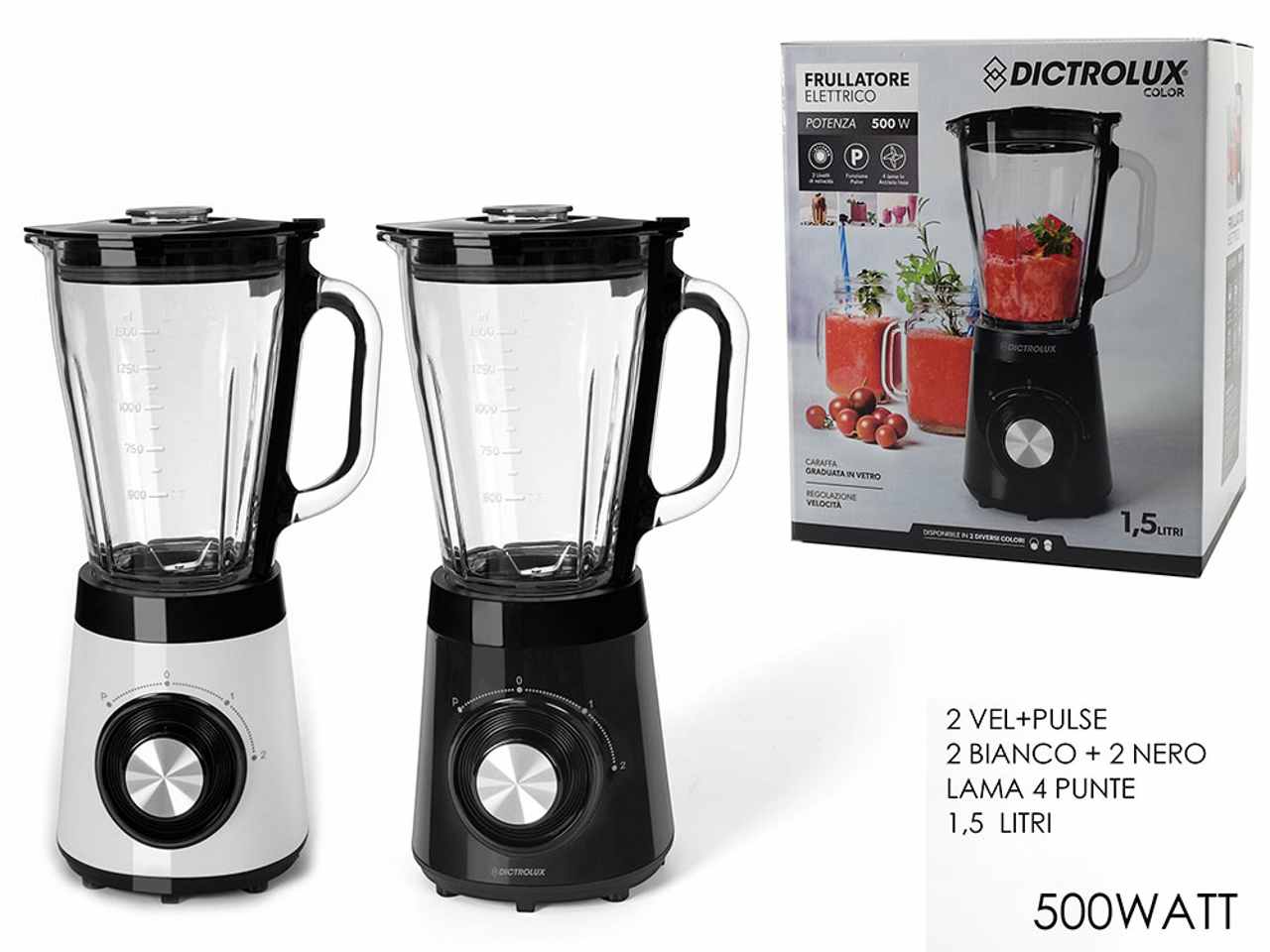 Frullatore 500w in vetro 1.5lt in 2 assortimenti