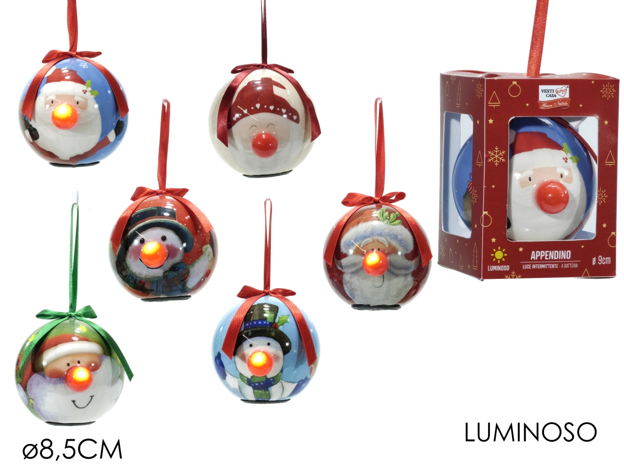 Palla natalizia 9 cm luminosa multicolor in 6 soggetti assortiti - Vestiamo Casa