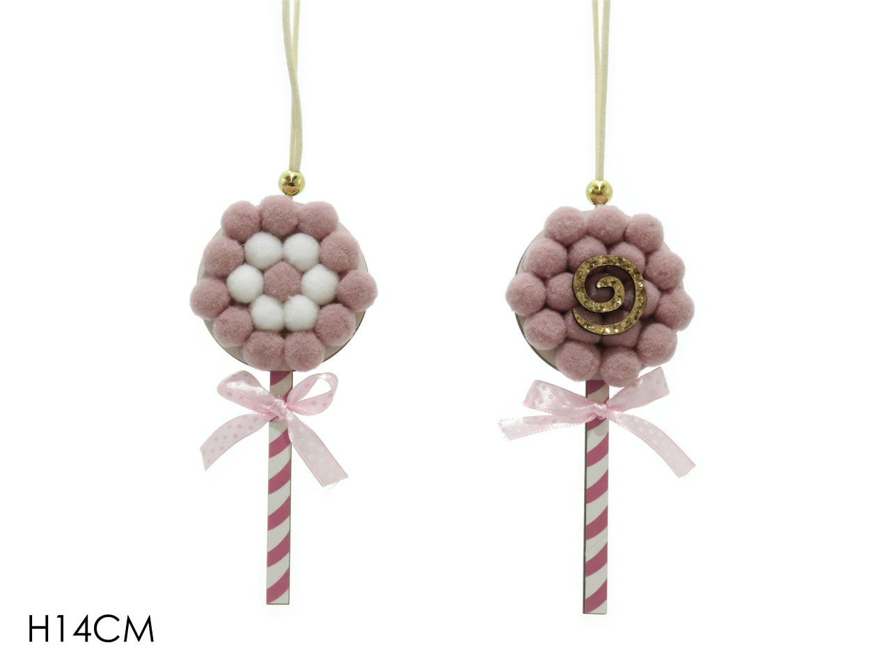Appendino natalizio candy con pon pon rosa e bianco legno 14cm - Vestiamo Casa