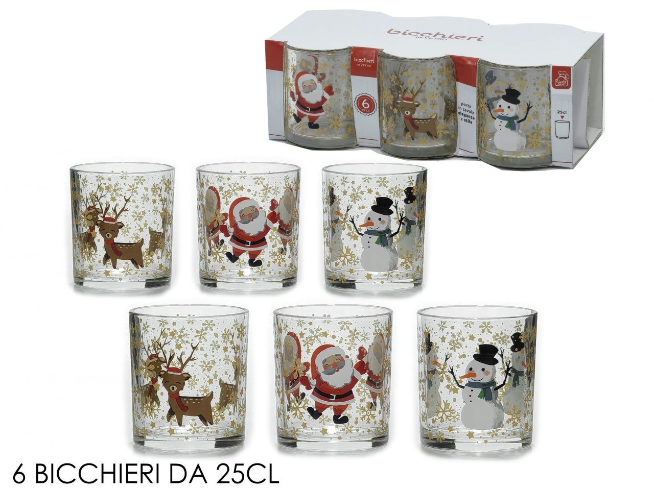 Bicchiere in vetro 25cl trasparente serigrafato con stampe natalizie - Gusto Casa