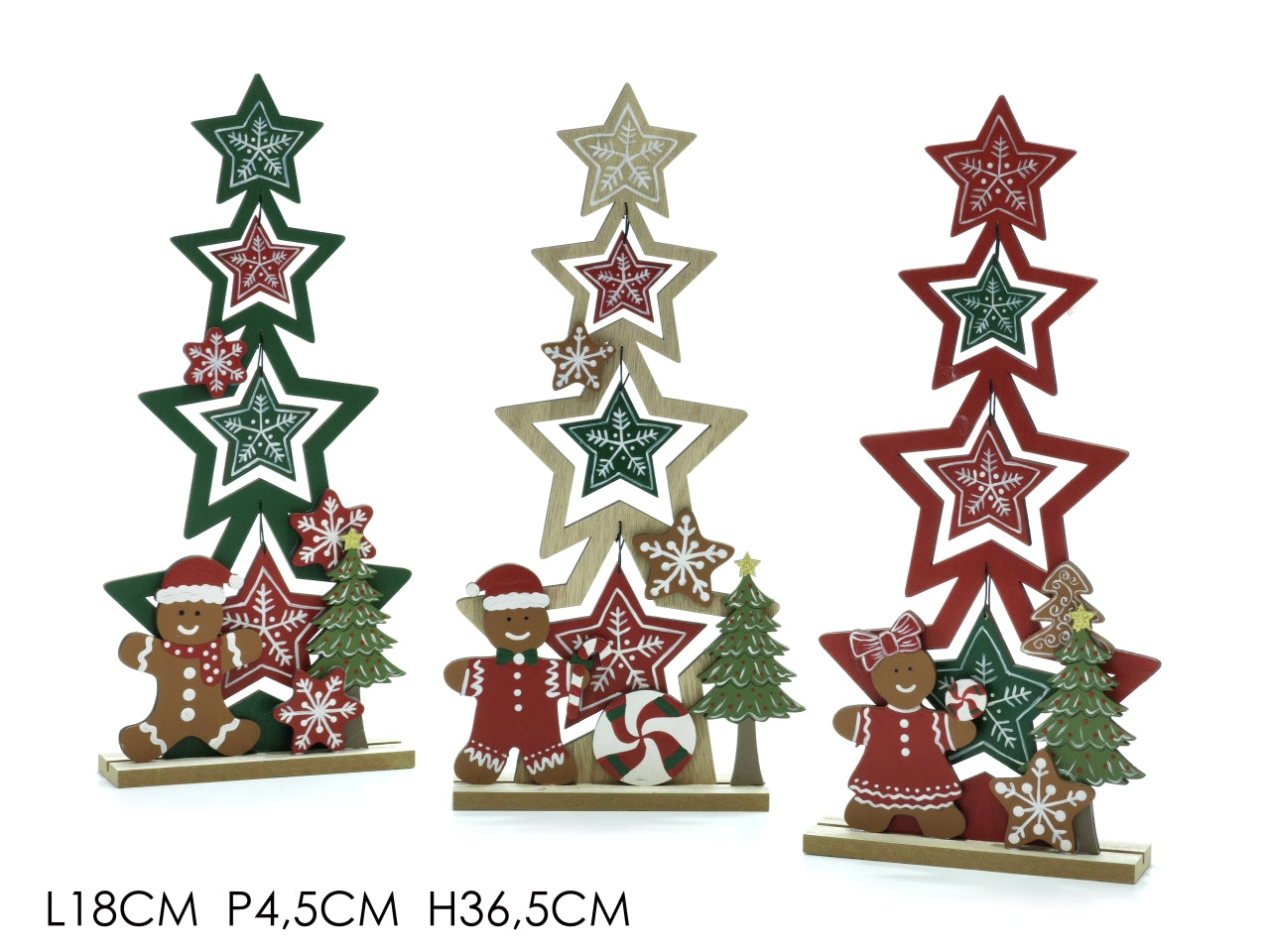 Decorazione natalizia albero di Natale su base in legno rosso, verde e bianco con stelle a pendaglio 36,5 cm  Vestiamo Casa