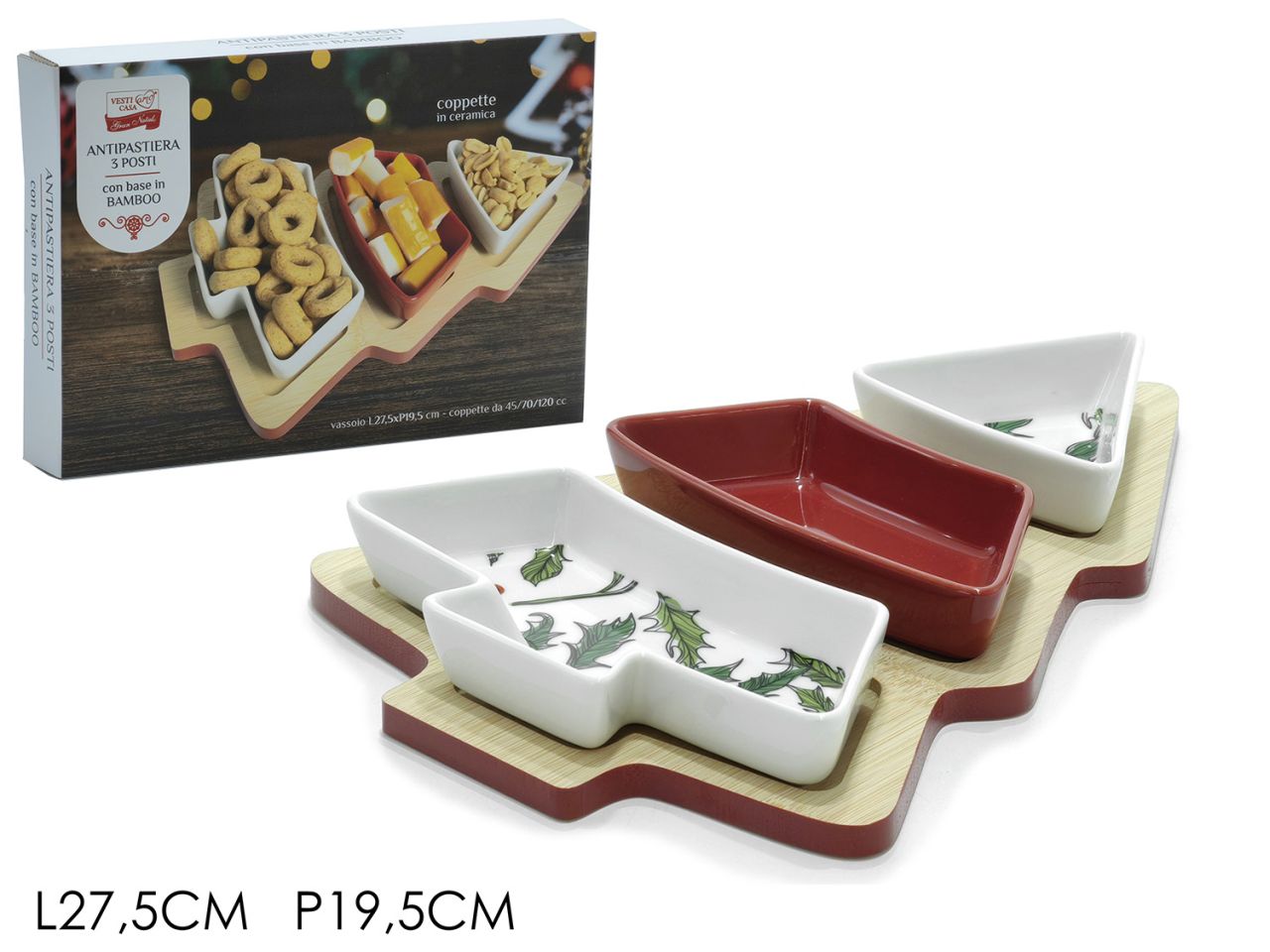 Antipastiera con base in bamboo set da 3 antipastiere