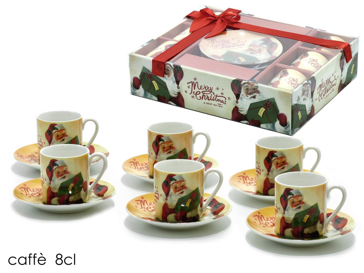 Tazze e piattini da caffe' capacita' 8cl decorazioni babbo natale - la confezione comprende 6 tazzine e 6 piattini