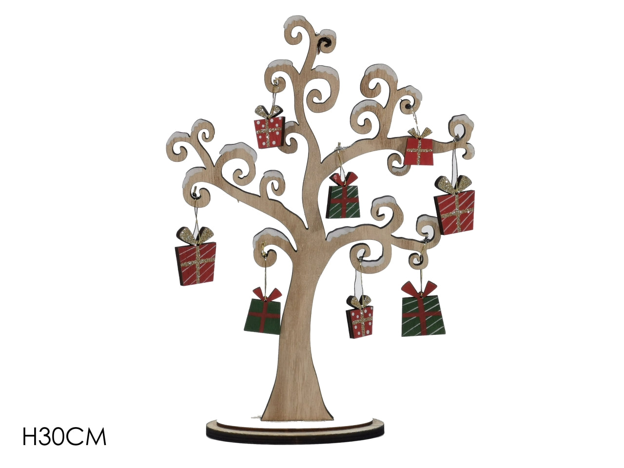 Decorazione natalizia albero di Natale su base in legno rosso, verde e bianco con regali a pendaglio 30 cm  Vestiamo Casa