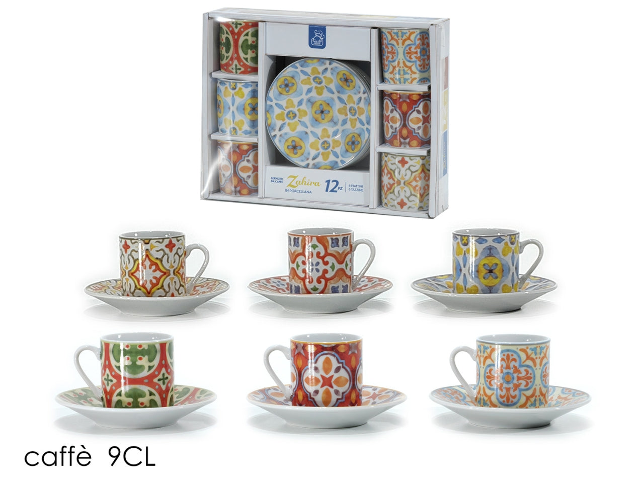 Set tazzine da caffè mediterraneo in porcellana multicolor 9 cl, include 6 piattini + 6 tazzine  - Gusto Casa