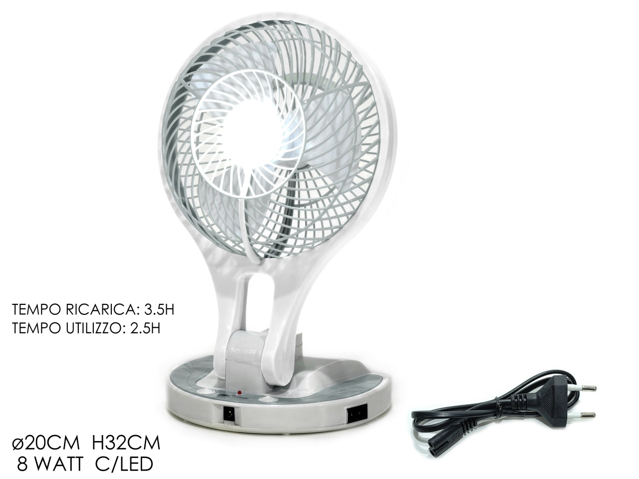 Ventilatore portatile e ricaricabile con led bianco, ideale per interno, 20x32 cm - Dictrolux