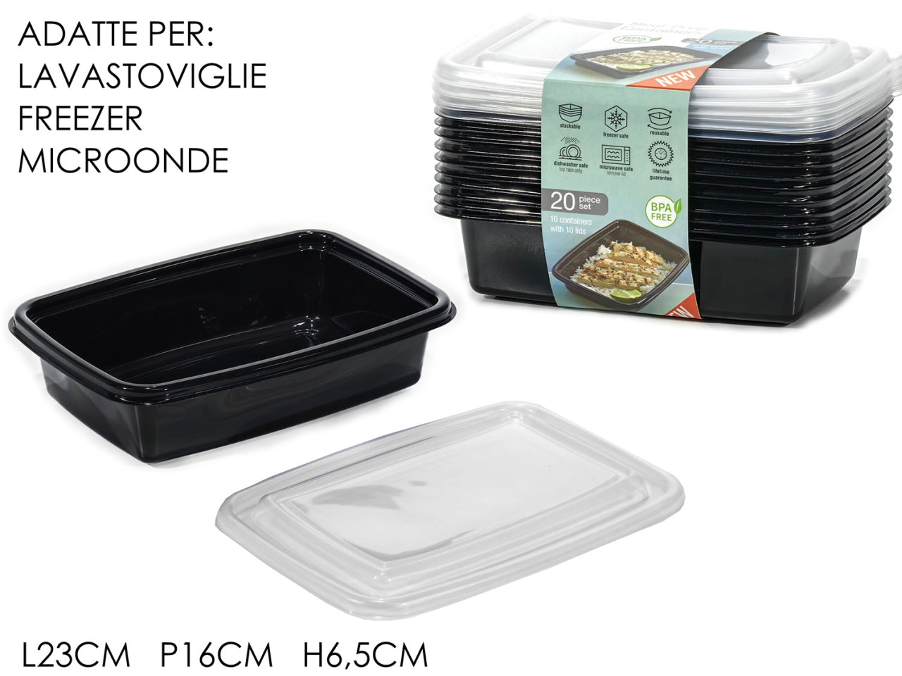Contenitori per alimenti con coperchio in polipropilene nero e trasparente, riscaldabili 23x16x6,5 cm, 1 lt - Gusto Casa