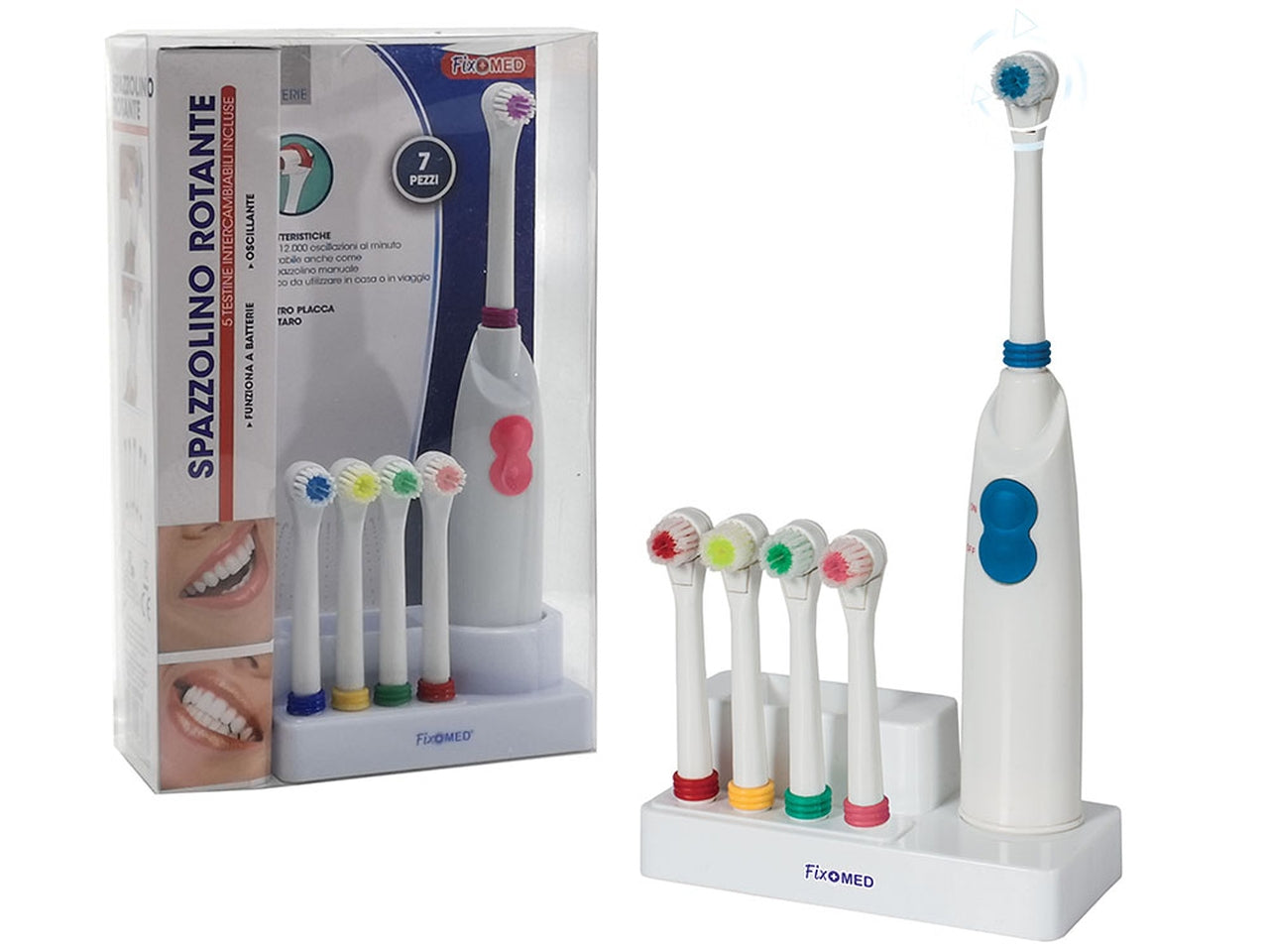 Set spazzolino a batteria con base e 4 testine intercambiabili