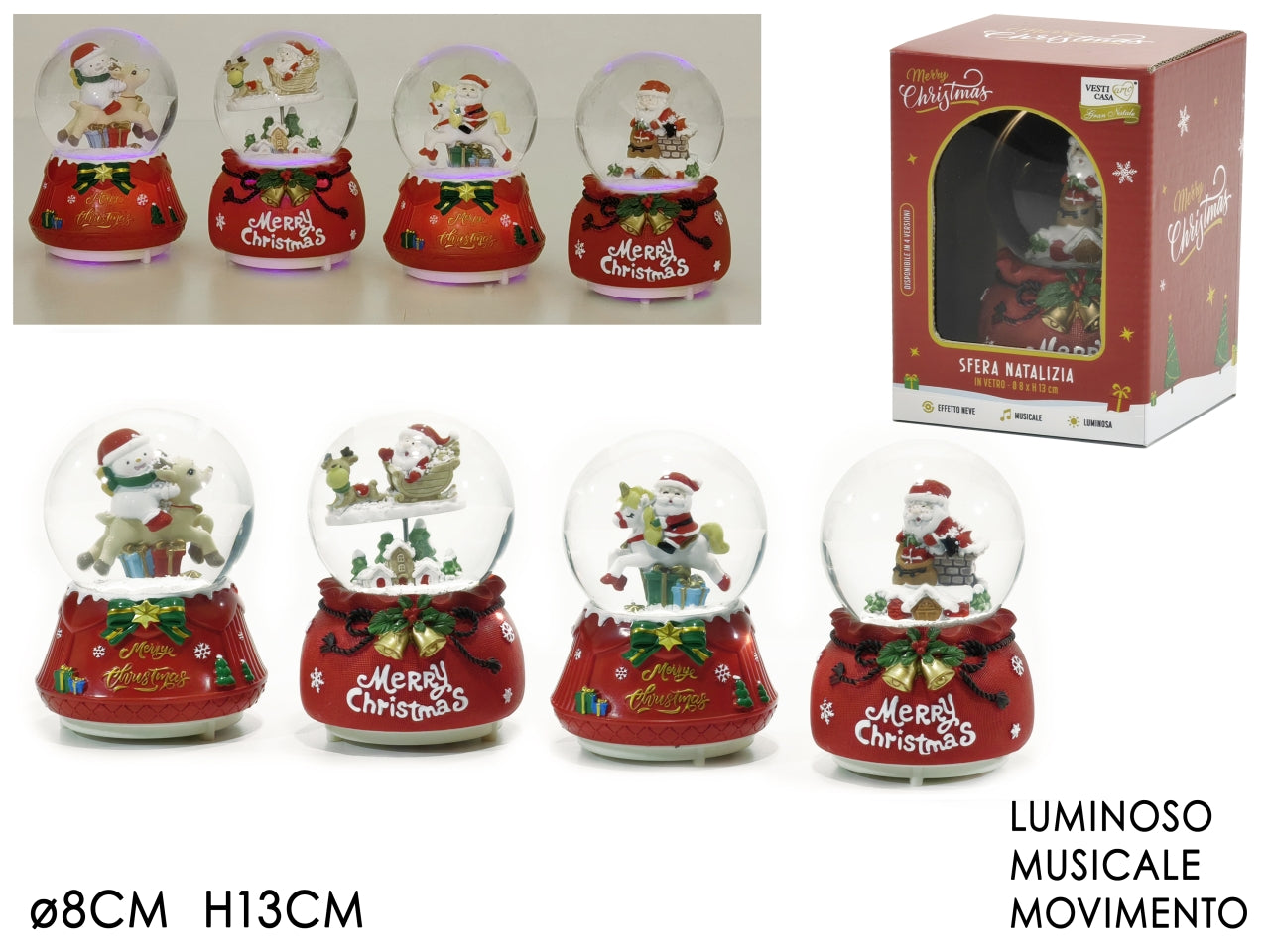 Palla in vetro h.13cm con luci e musica a batteria in 4 assortimenti