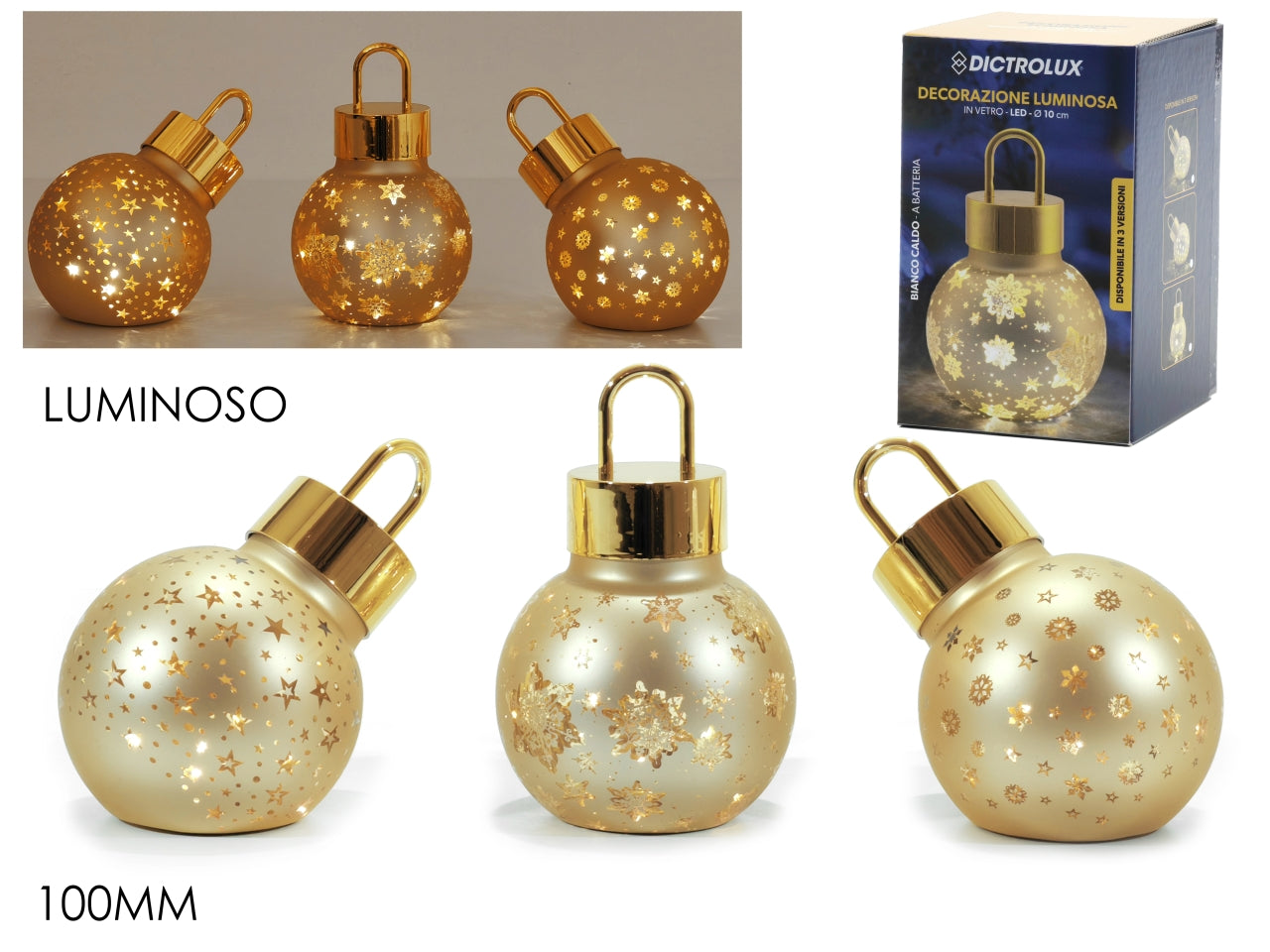 Palla in vetro 100mm oro con luce a batteria