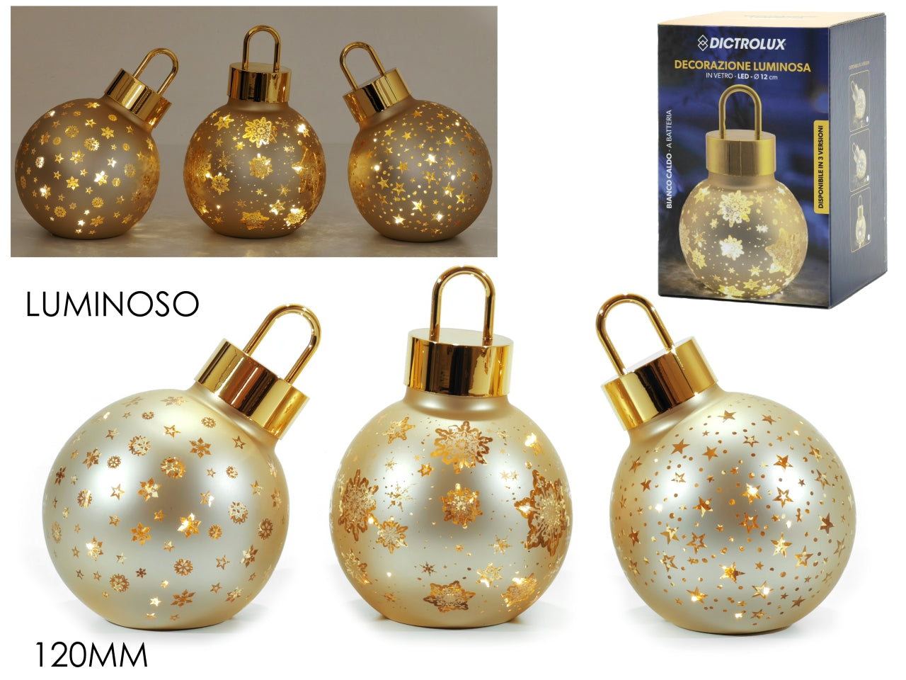 Palla in vetro 120mm oro con luce a batteria