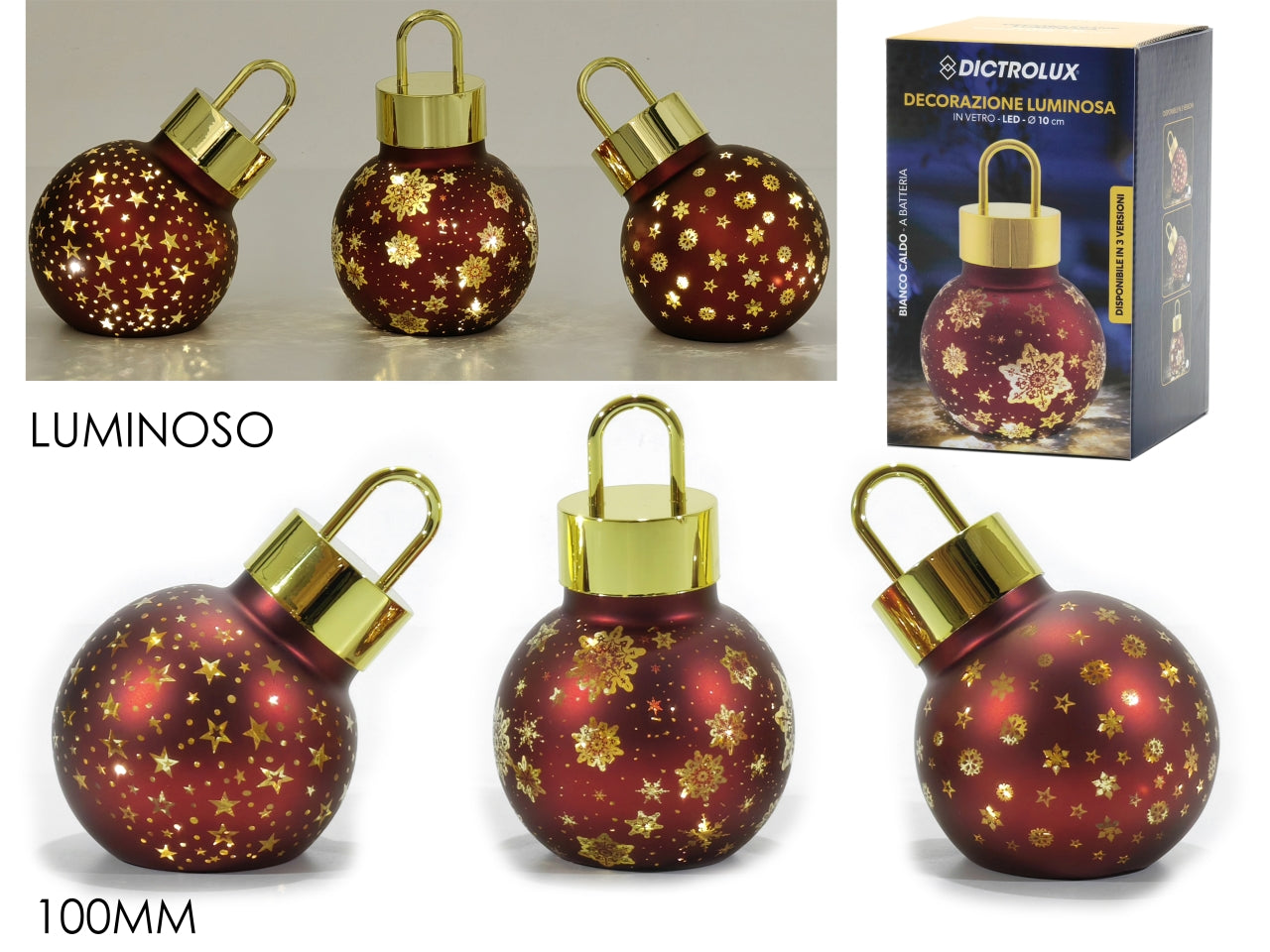 Palla in vetro 100mm rosso con luce a batteria