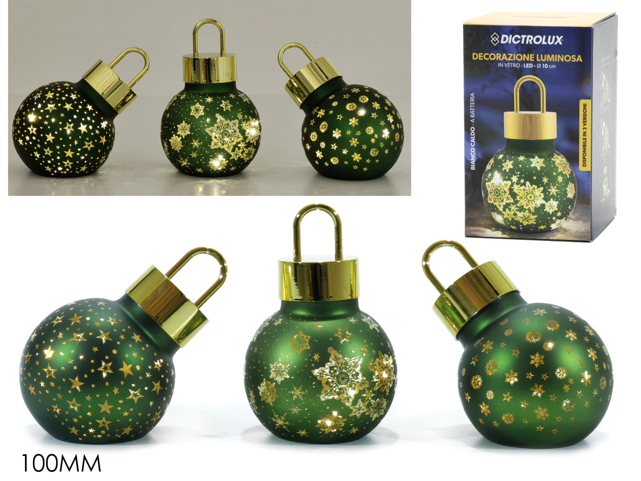 Palla in vetro 100mm verde con luce a batteria
