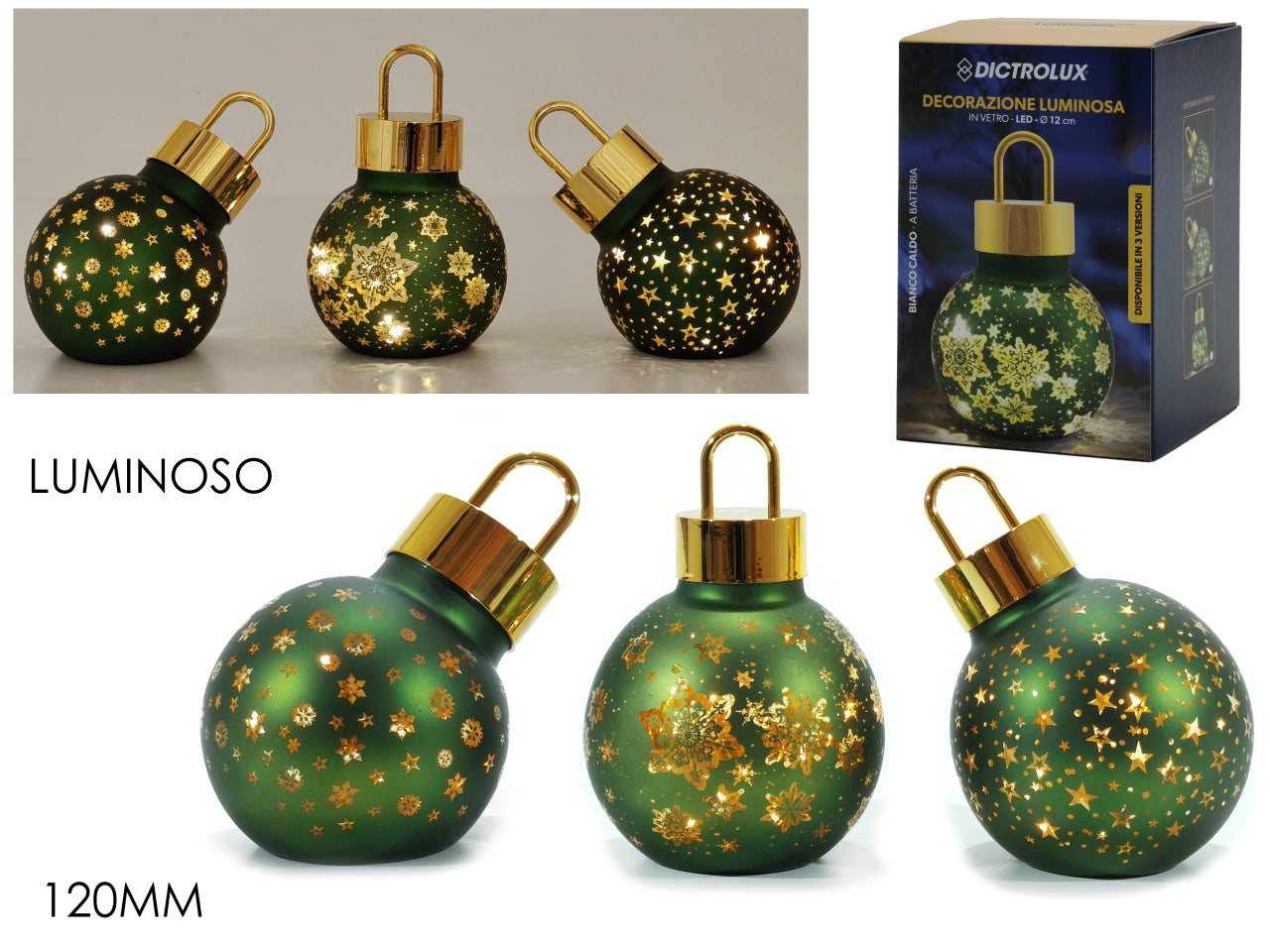 Palla in vetro 120mm verde con luce a batteria