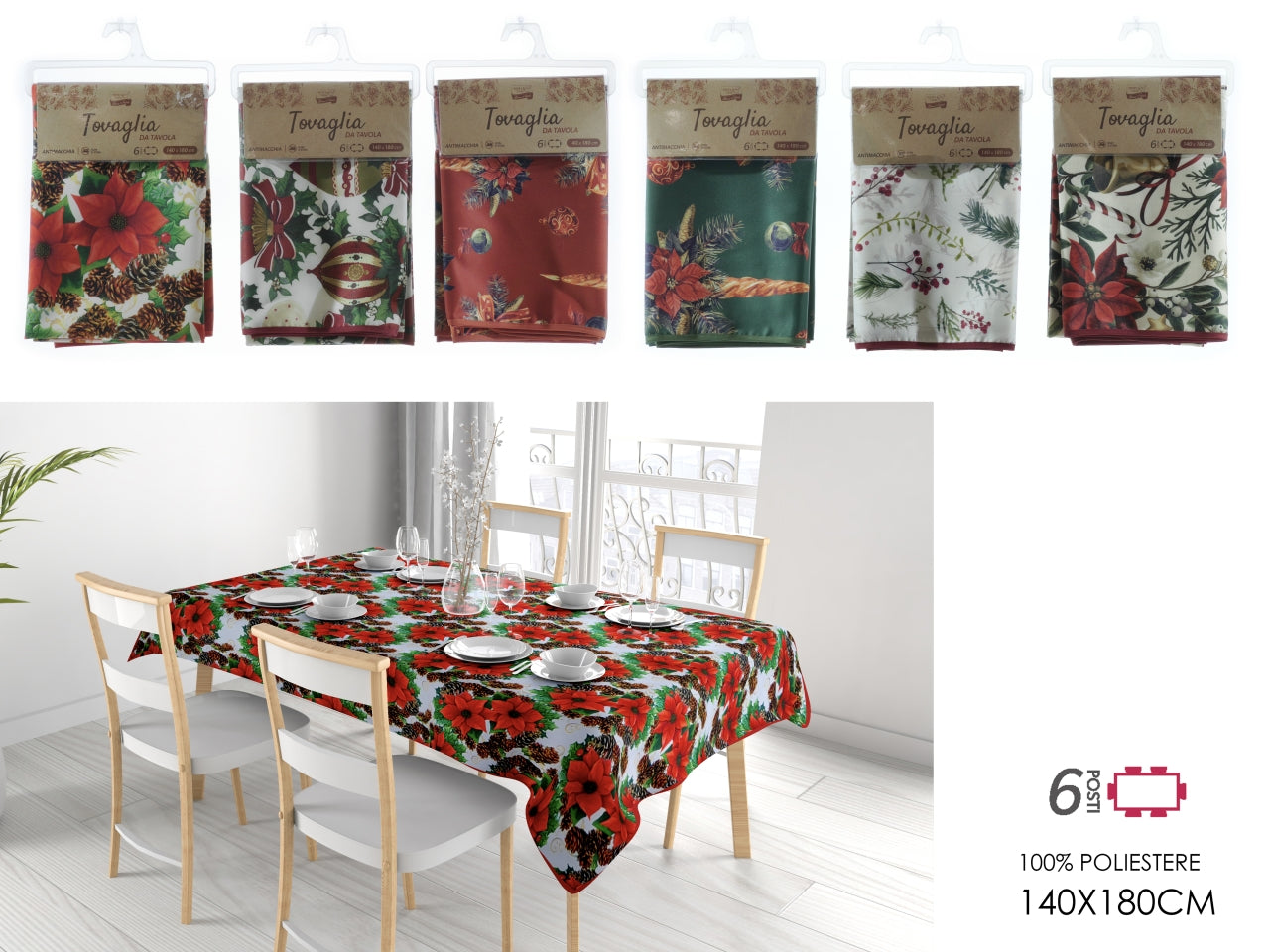 Tovaglia rettangolare natalizia antimacchia floreale in poliestere colori assortiti 6 posti 140x180 cm   Vestiamo Casa