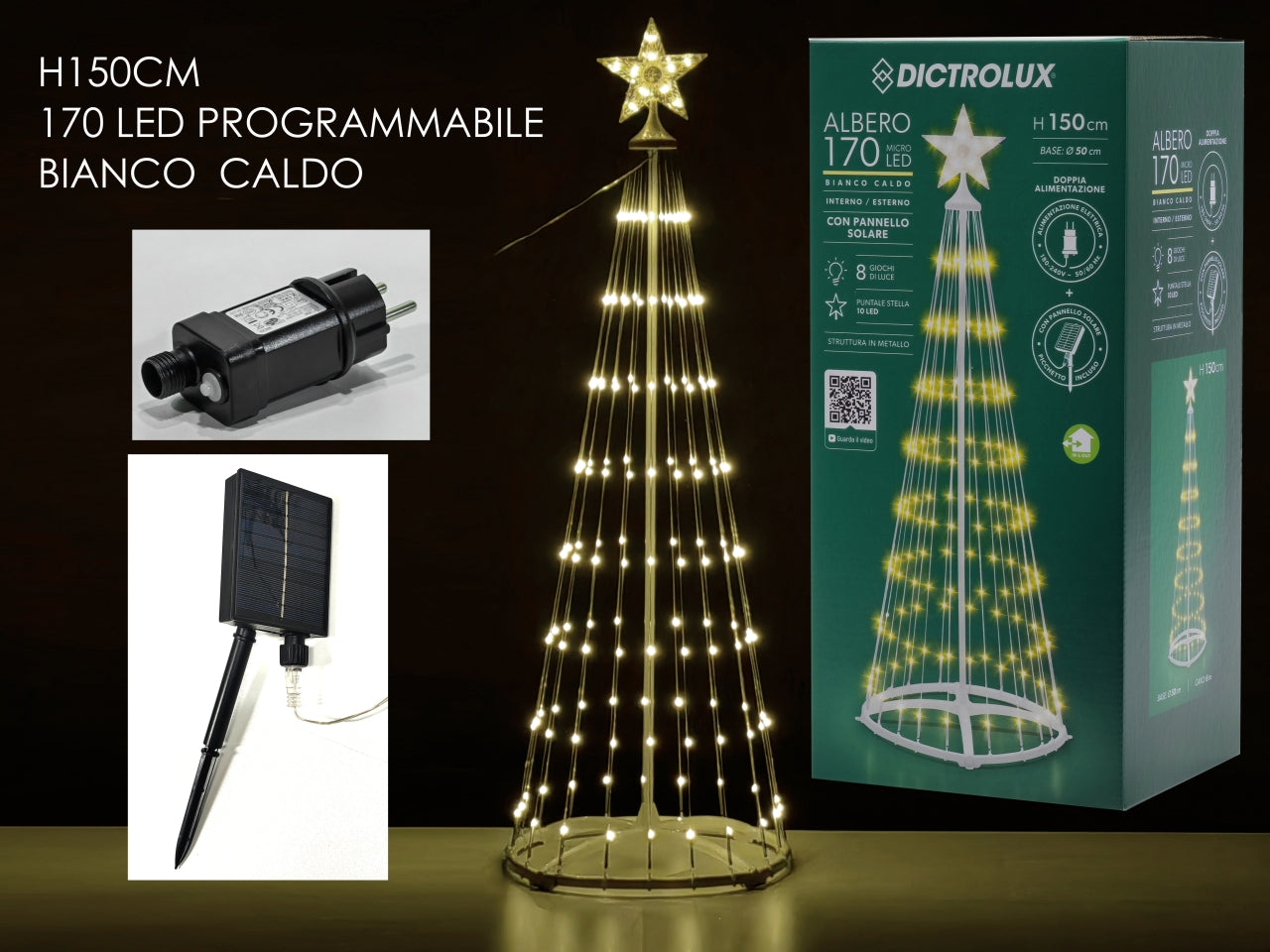 Albero di natale luminoso 170 led bianco caldo uso interno/esterno 150 cm - Dictrolux