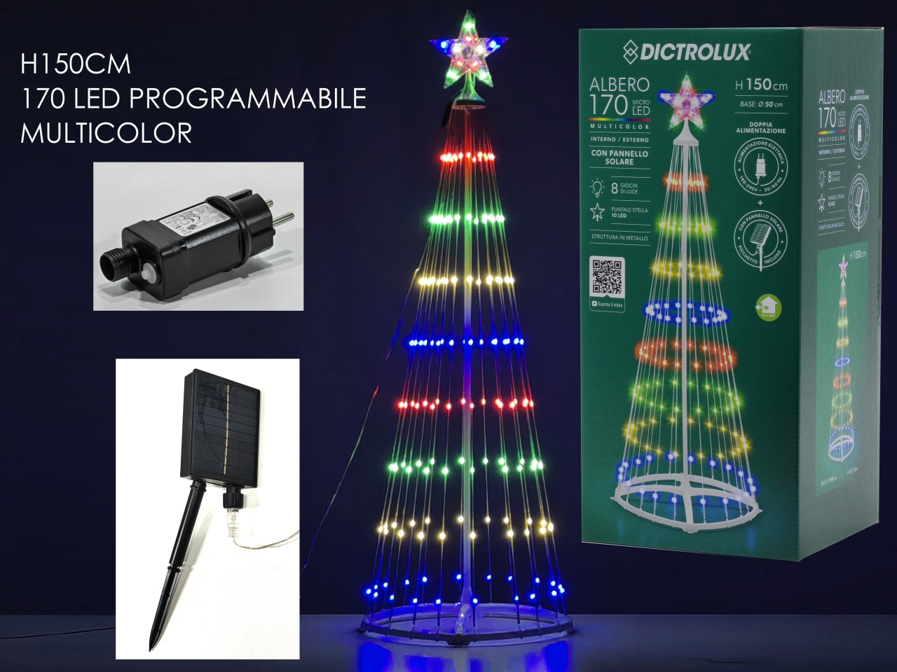 Albero di natale luminoso 170 led multicolor uso interno/esterno 150 cm - Dictrolux