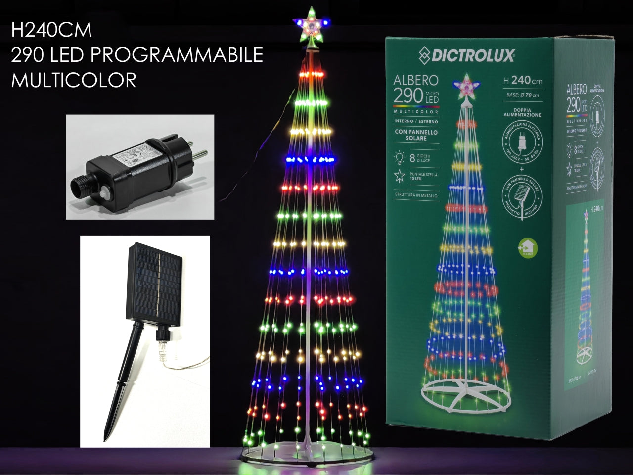 Albero di natale luminoso 290 led multicolor uso interno/esterno 240 cm - Dictrolux
