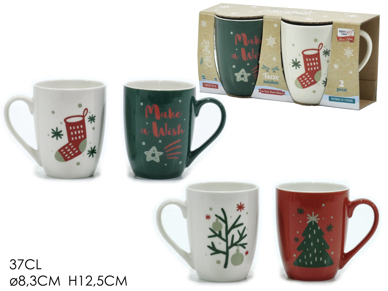 Tazze 37cl con decorazione natalizia set da 2 tazze in 2 assortimenti
