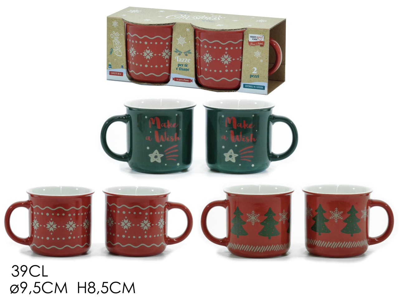 Tazze 39cl con decorazione natalizia set da 2 tazze in 3 assortimenti