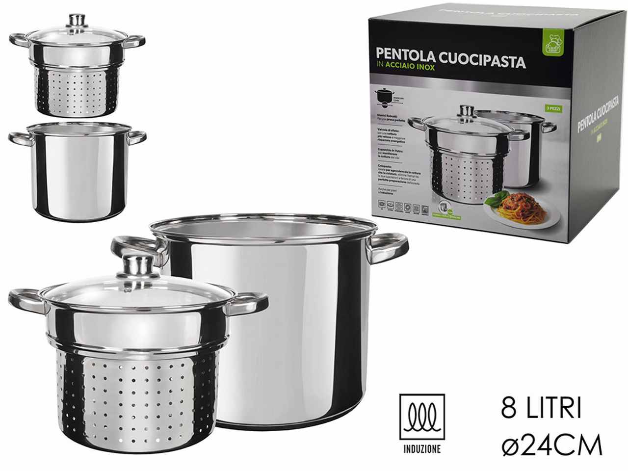 Pentola cuocipasta in acciaio e coperchio in vetro 24cm