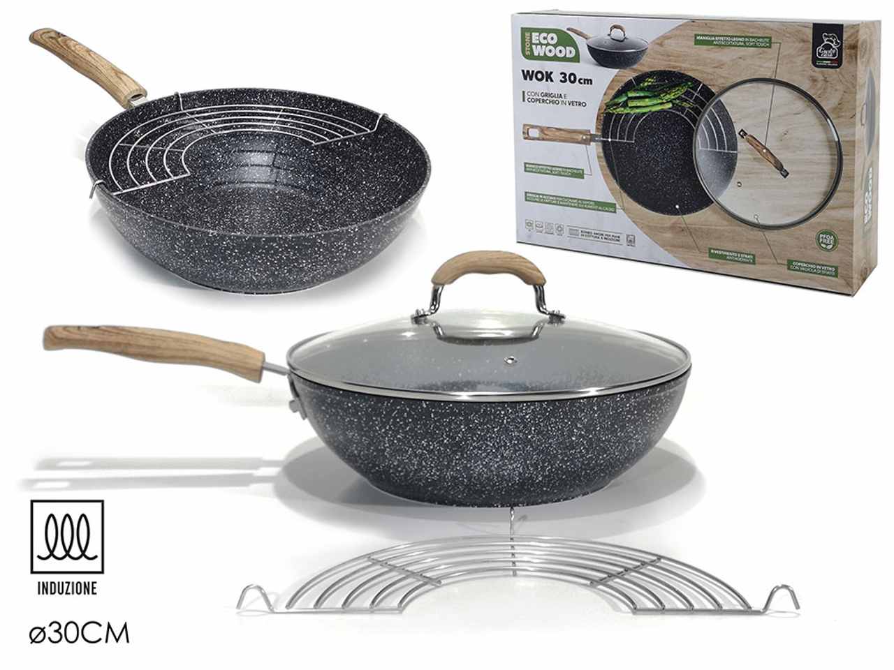 Wok stone eco wood d.30cm con griglia per induzione
