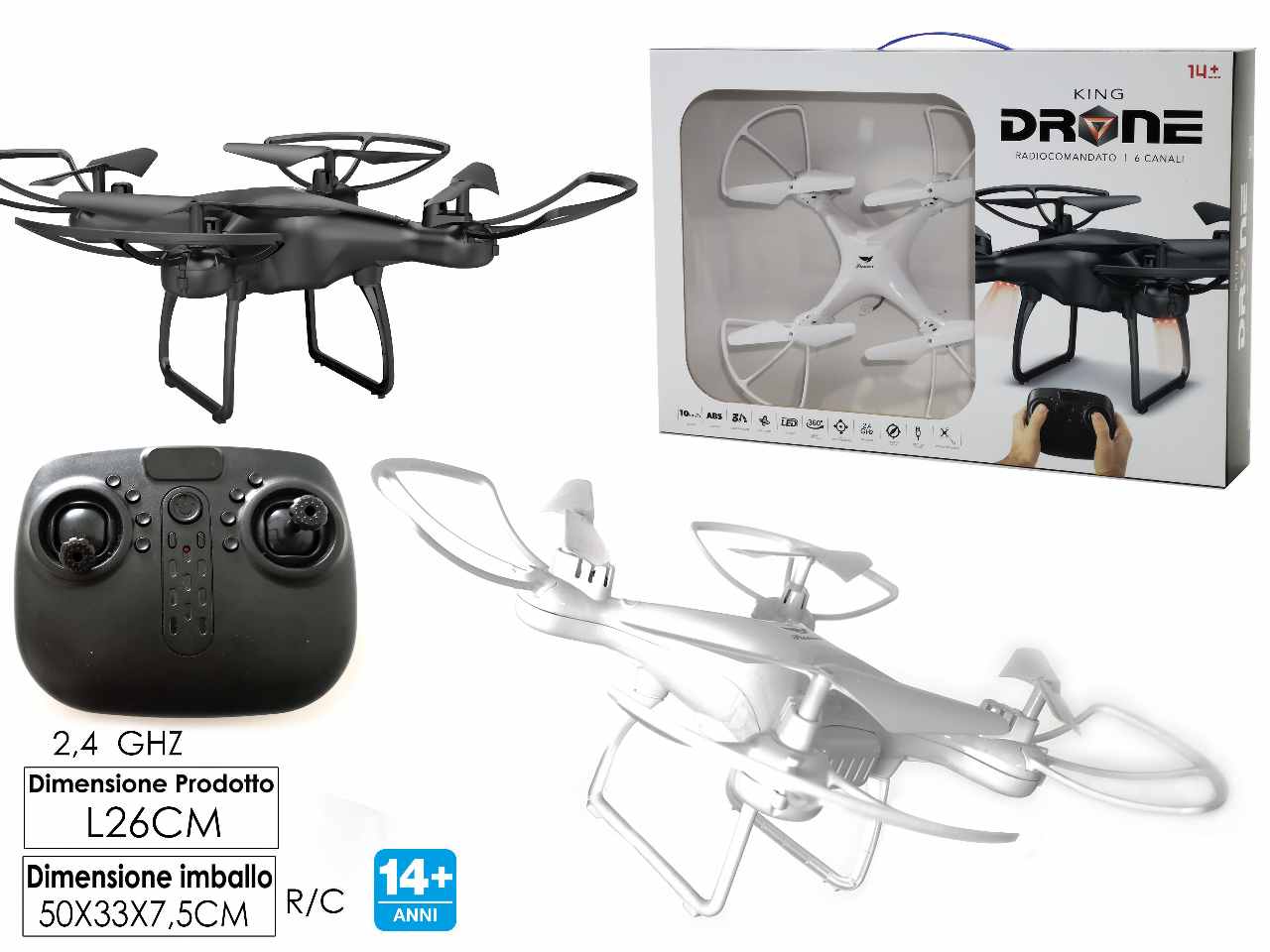 King drone radiocomandato 2.4ghz 6ch con luci led disponibile in 2 assortimenti