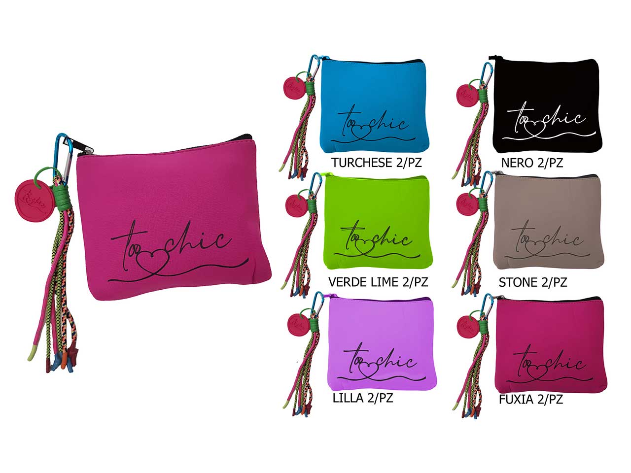 Pochette tinta unita in neoprene con chiusura zip e moschettone multicolor 20x17cm