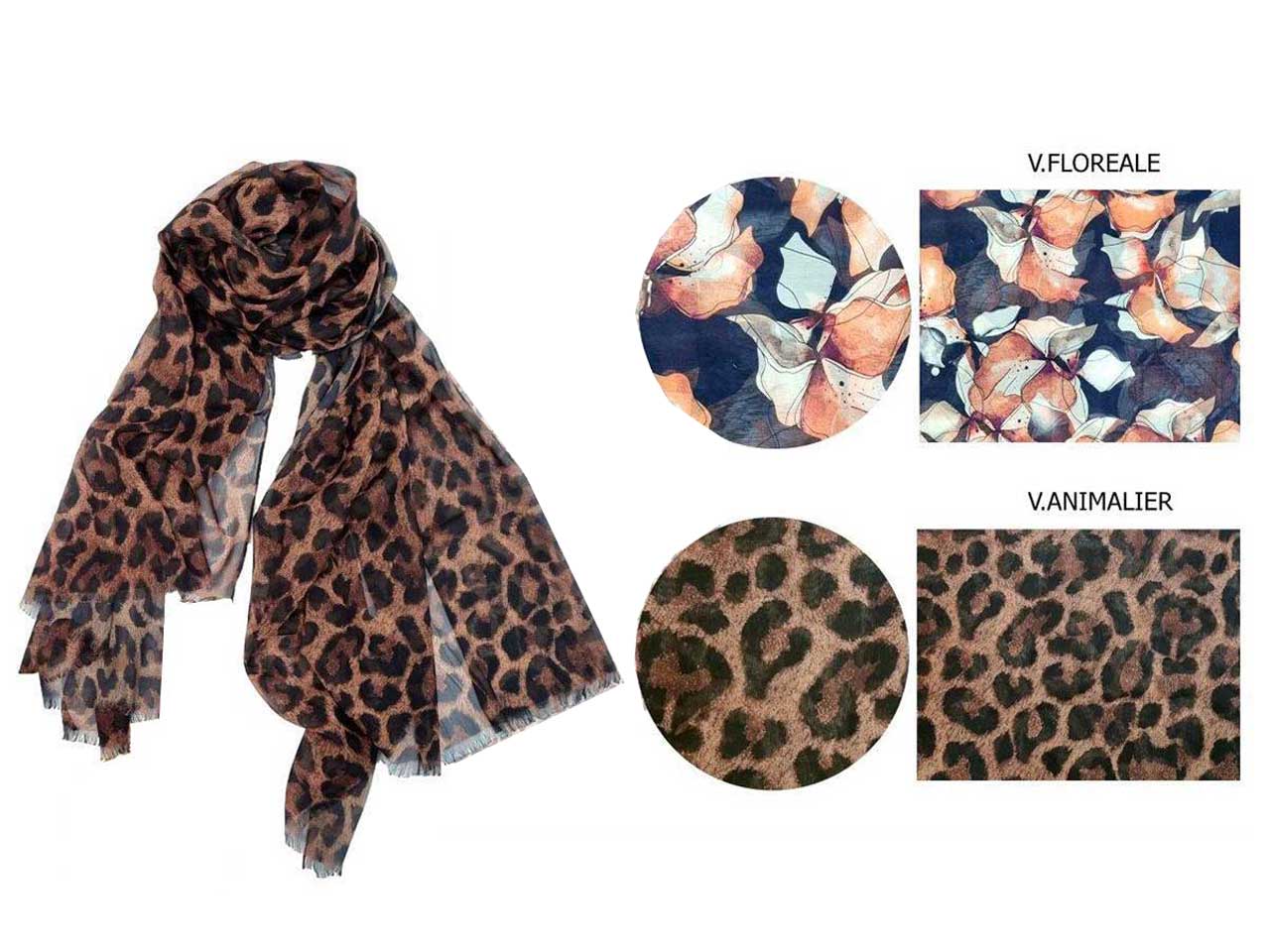 Stola multicolor con fantasie animali e floreali da donna in poliestere 100x180 cm - Too Chic
