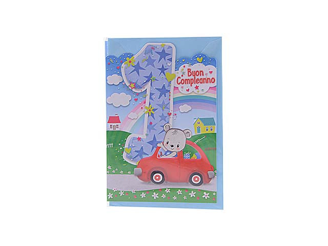 Biglietto auguri primo compleanno colore azzurro misura 12x18cm
