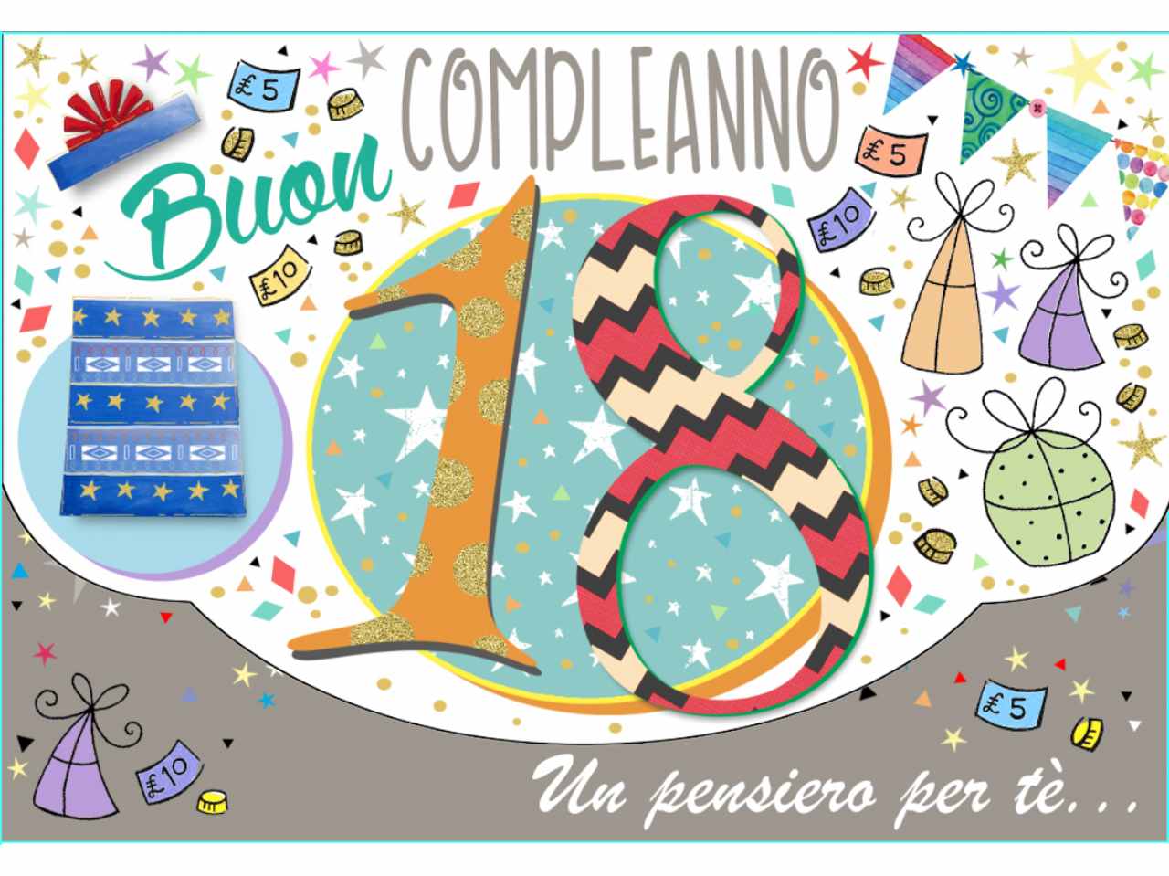 Biglietto auguri buon 18esimo compleanno con porta soldi