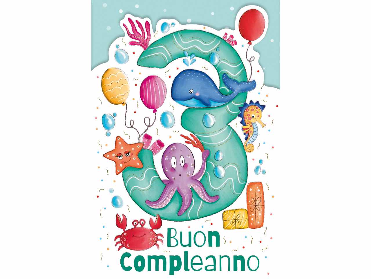 Biglietto auguri buon terzo compleanno per bimbi