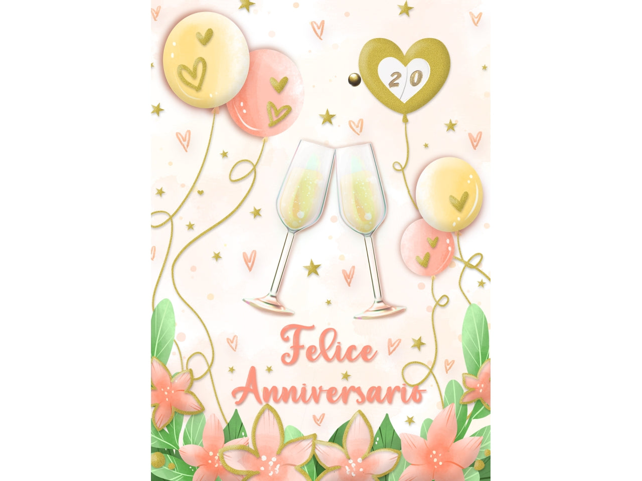 Biglietto auguri anniversario con busta con dettagli dorati e rotella - bianco, sfumature di rosa e verde, carta lucida e opaca, stampa a rilievo - 11,5x17 cm