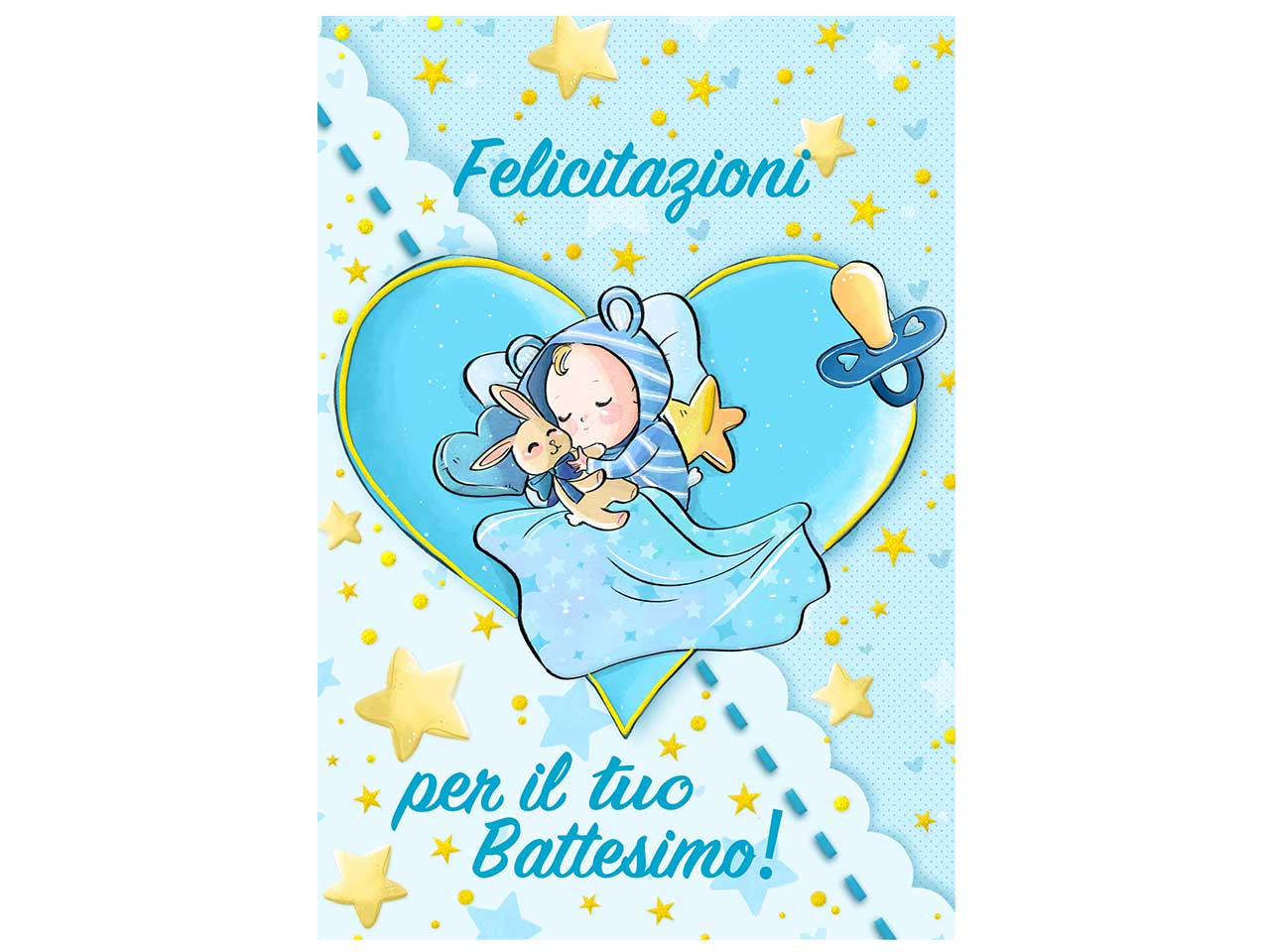 Biglietto auguri battesimo con scritta felicitazioni per il tuo battesimo! colore azzurro