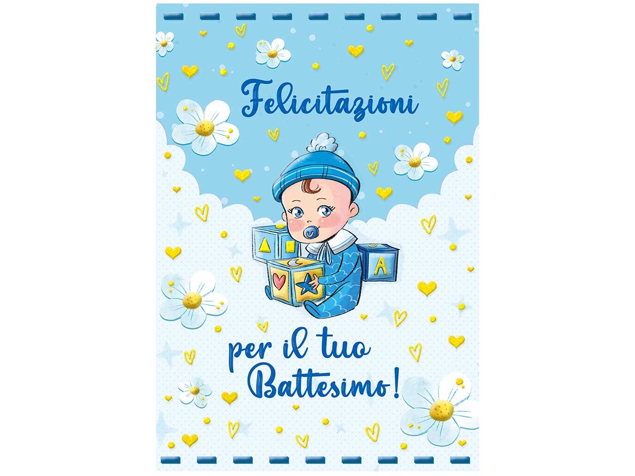 Biglietto auguri battesimo con scritta felicitazioni per il tuo battesimo! colore azzurro