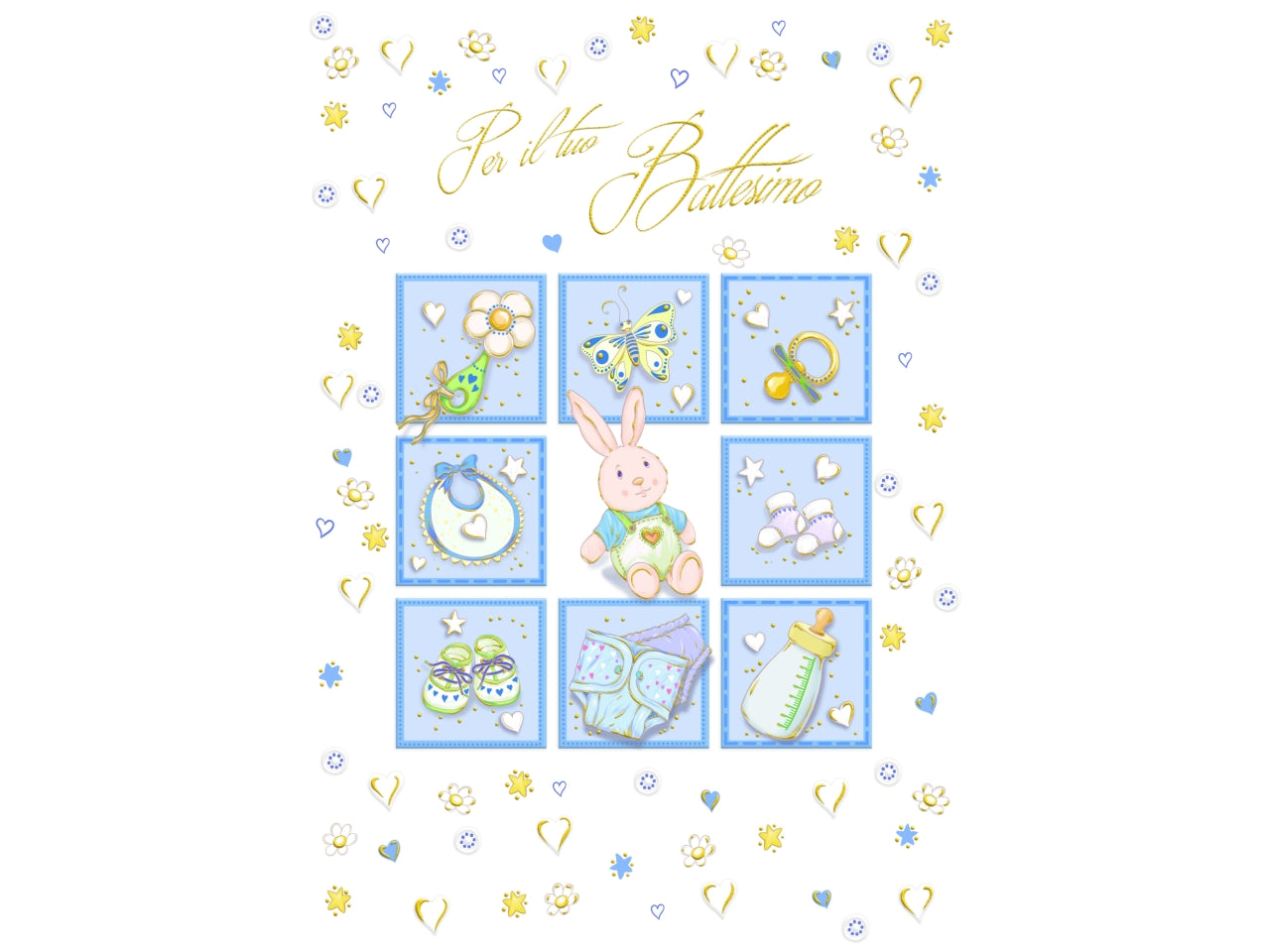Biglietto mini felice battesimo coniglietto azzurro la confezione comprende 6 biglietti