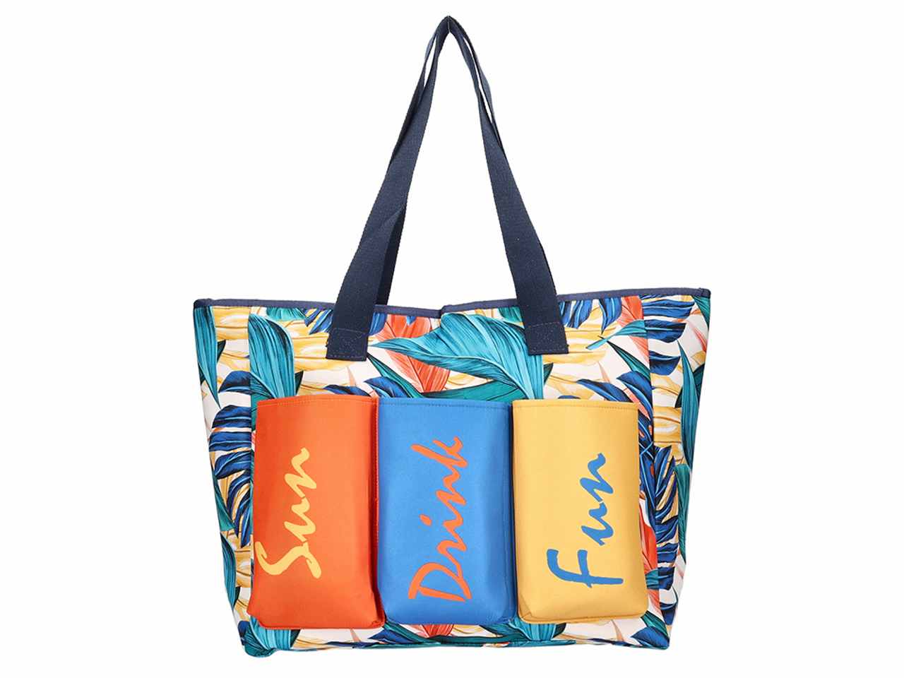Borsa mare stampata con tre tasche frontali colore turchese 55x35x15cm