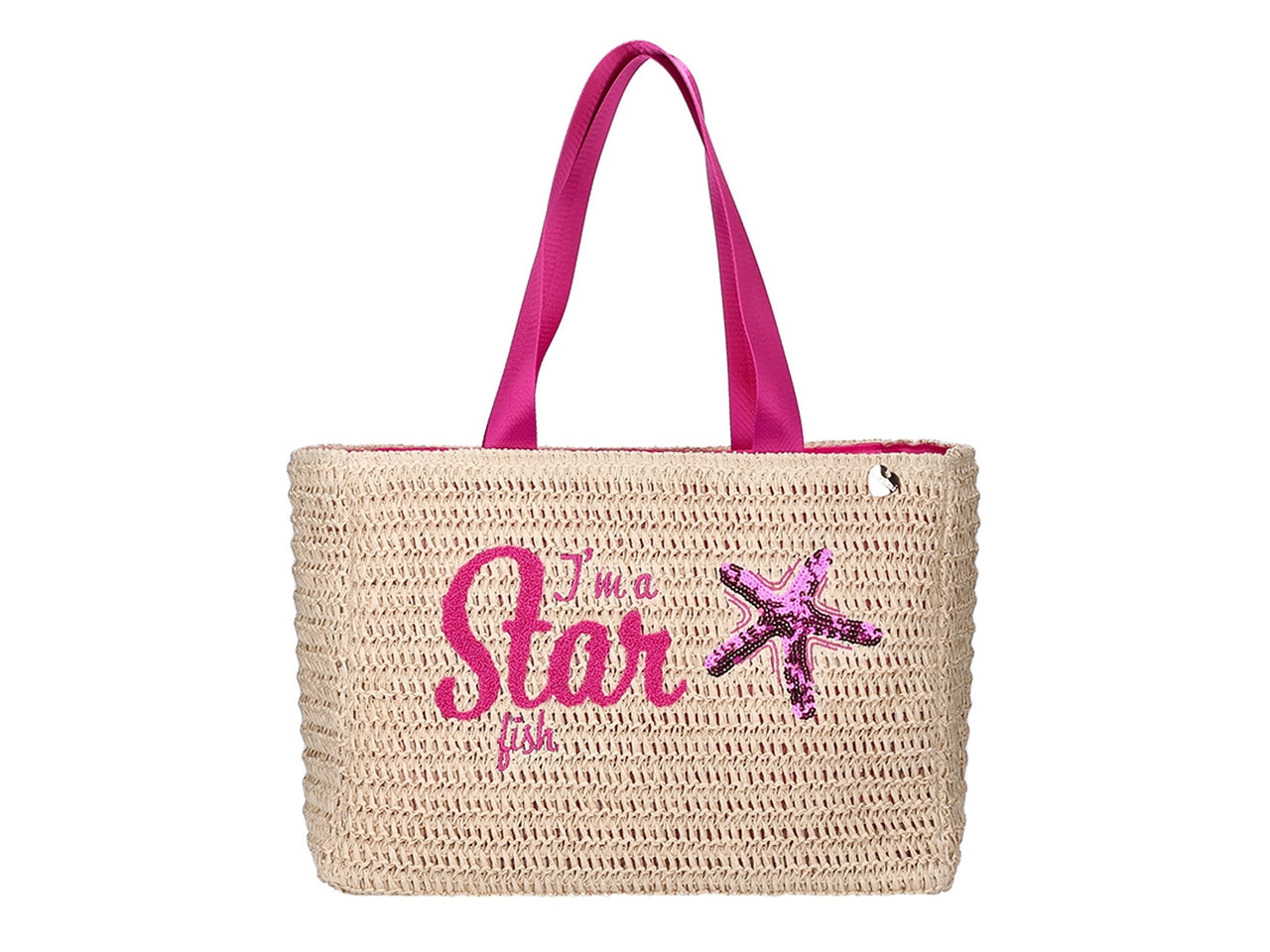 Borsa mare in carta tessile naturale e fucsia con ricamo, chiusura con zip 42x30x18 cm - Hat You
