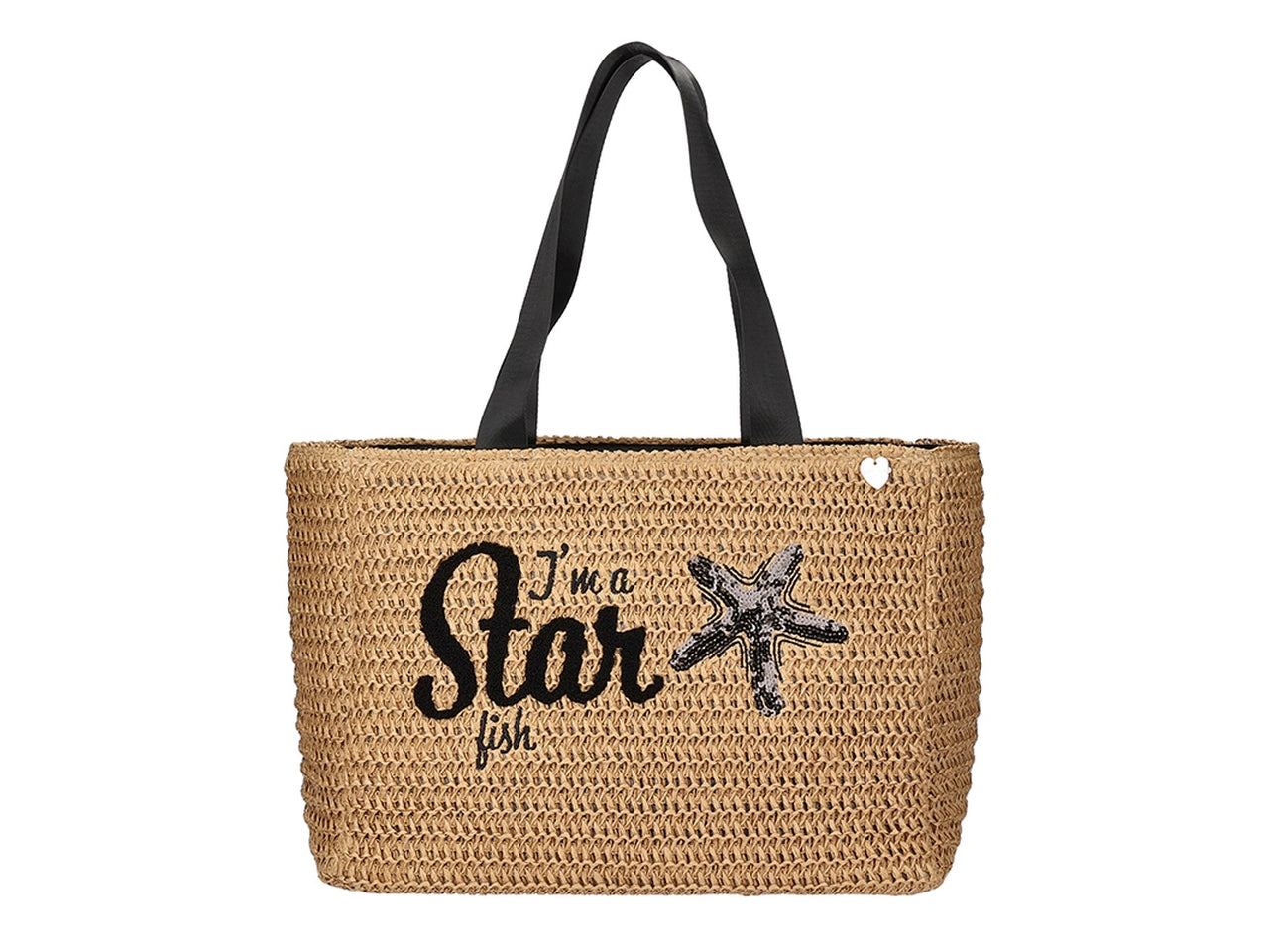 Borsa mare in carta tessile naturale e nero con ricamo, chiusura con zip 42x30x18 cm - Hat You