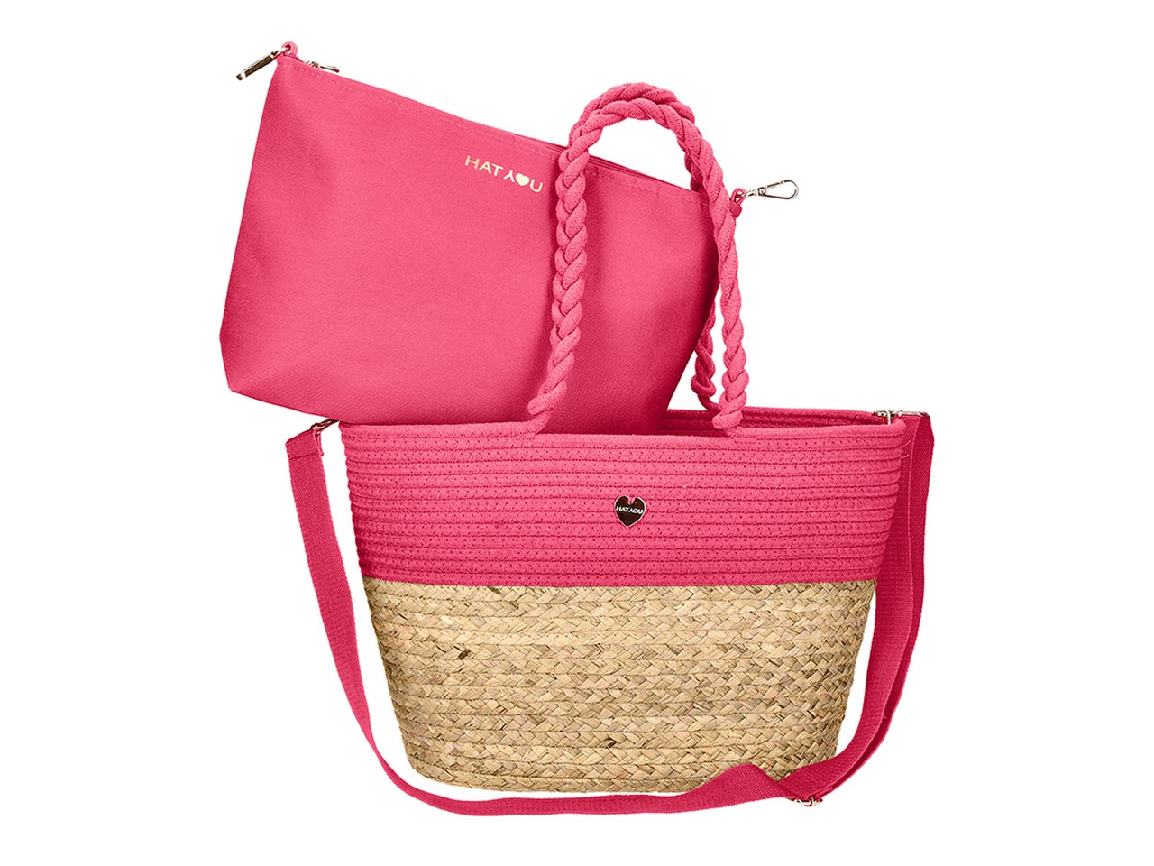 Borsa mare canestro in corda naturale e fucsia 42x30x14 cm - Hat You