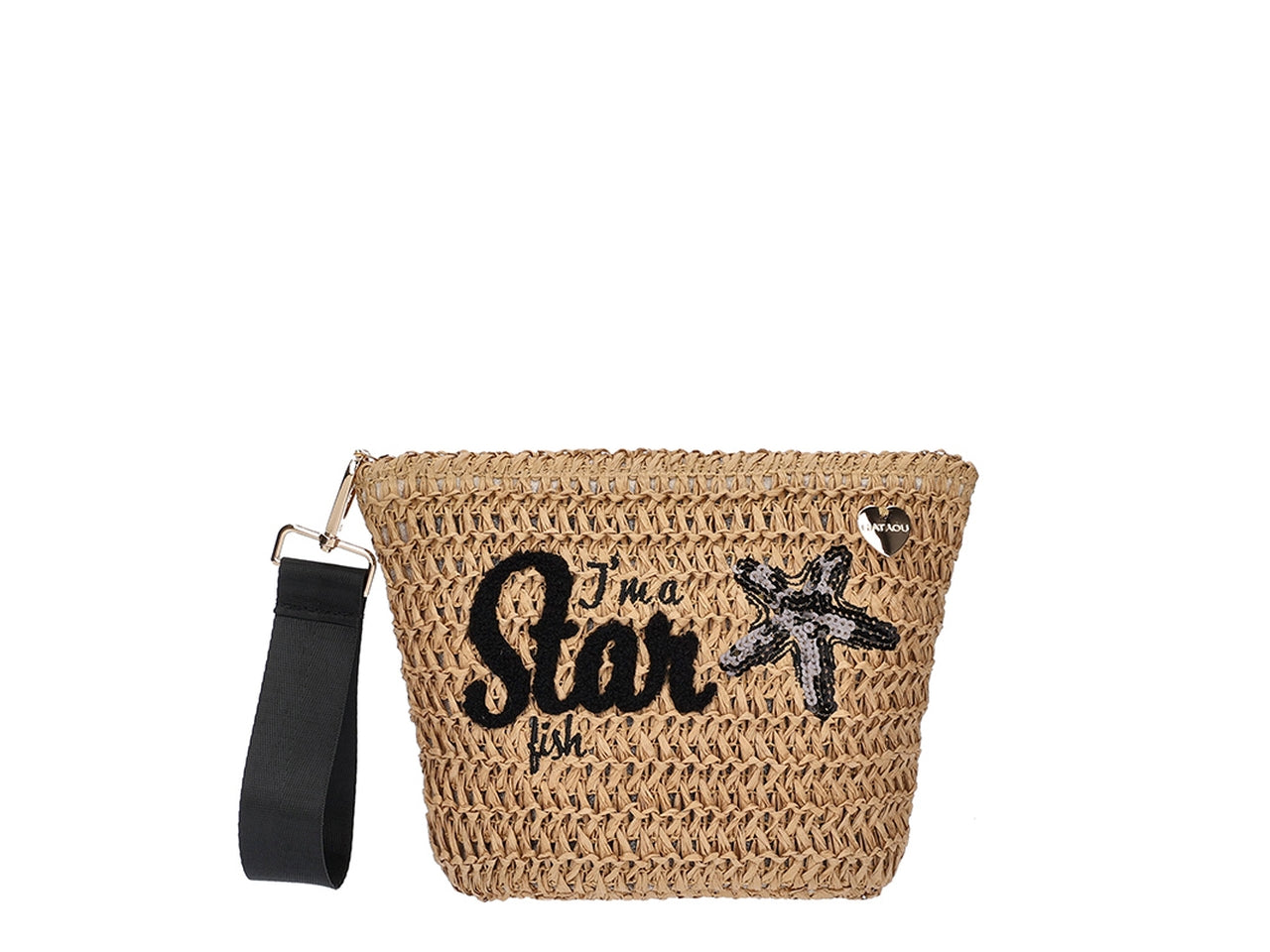 Borsa pochette in carta tessile naturale e nero con zip con polsiera amovibile 27x18x8 cm - Hat You
