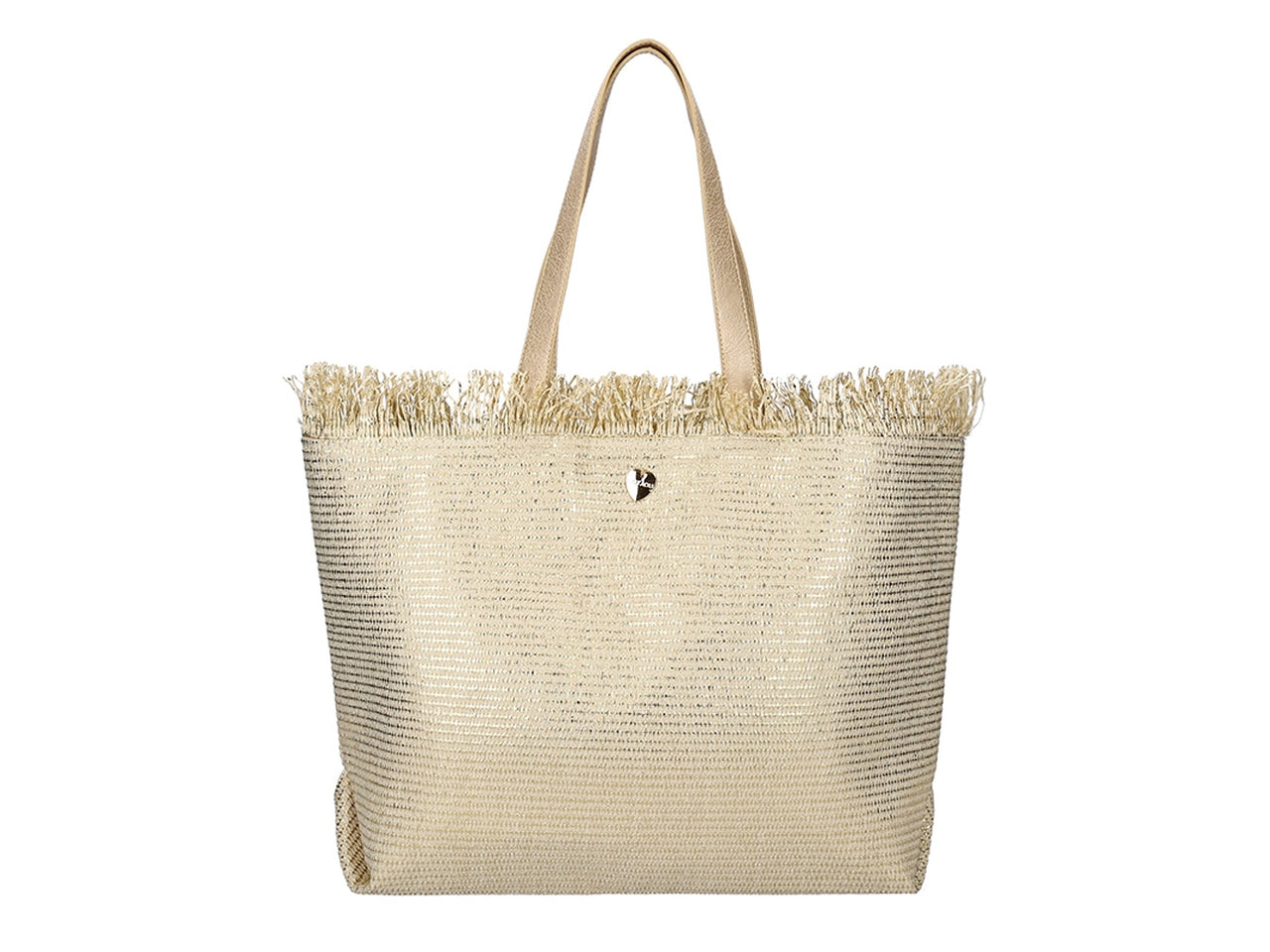 Borsa mare in carta tessile color oro con frange e stampa metalizzata 52x36x14 cm - Hate You