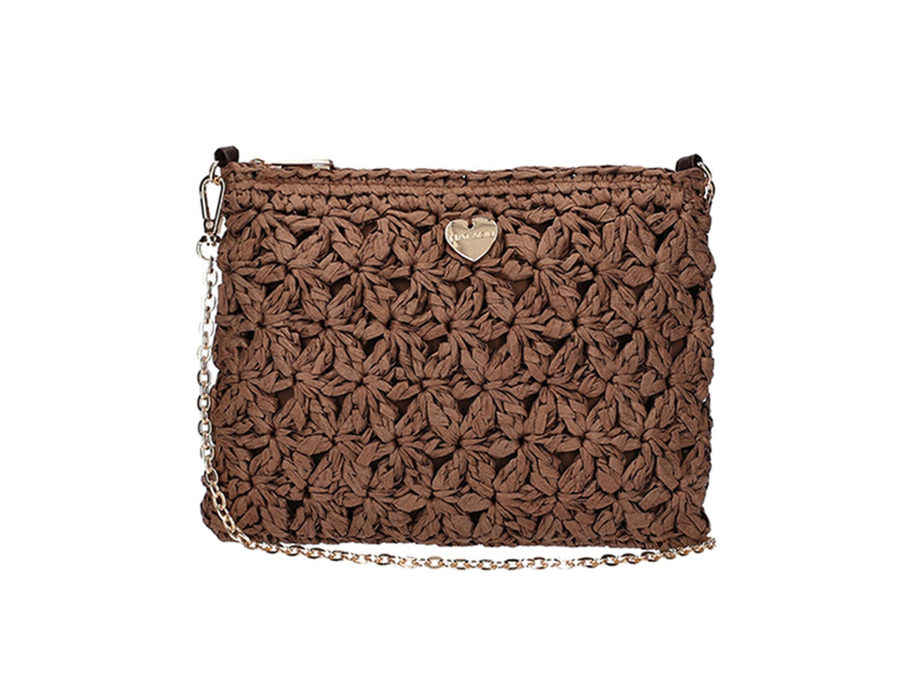 Pochette in carta intrecciata a fiori con tracolla e catena 22x17cm marrone