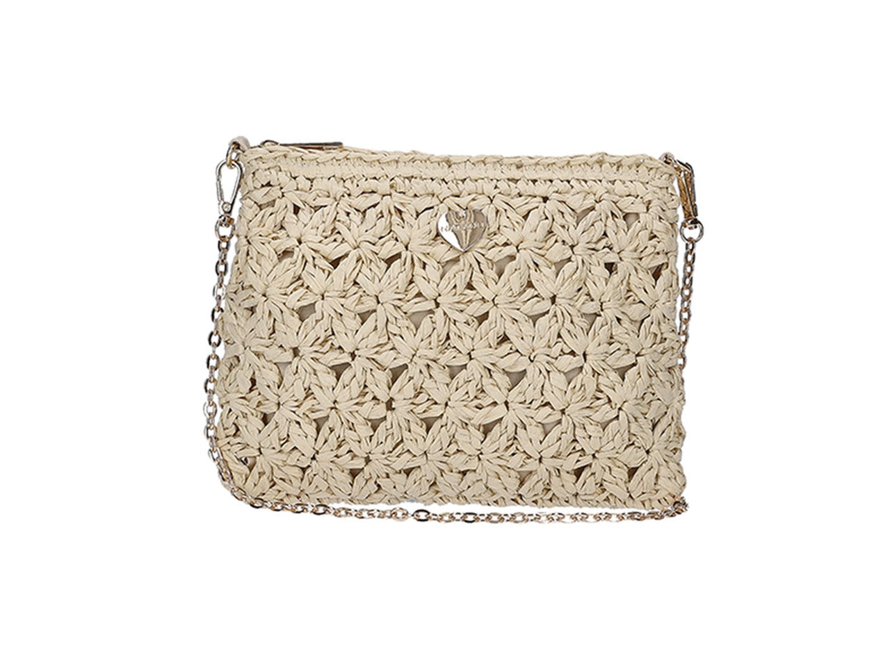 Pochette in carta intrecciata a fiori con tracolla e catena 22x17cm naturale