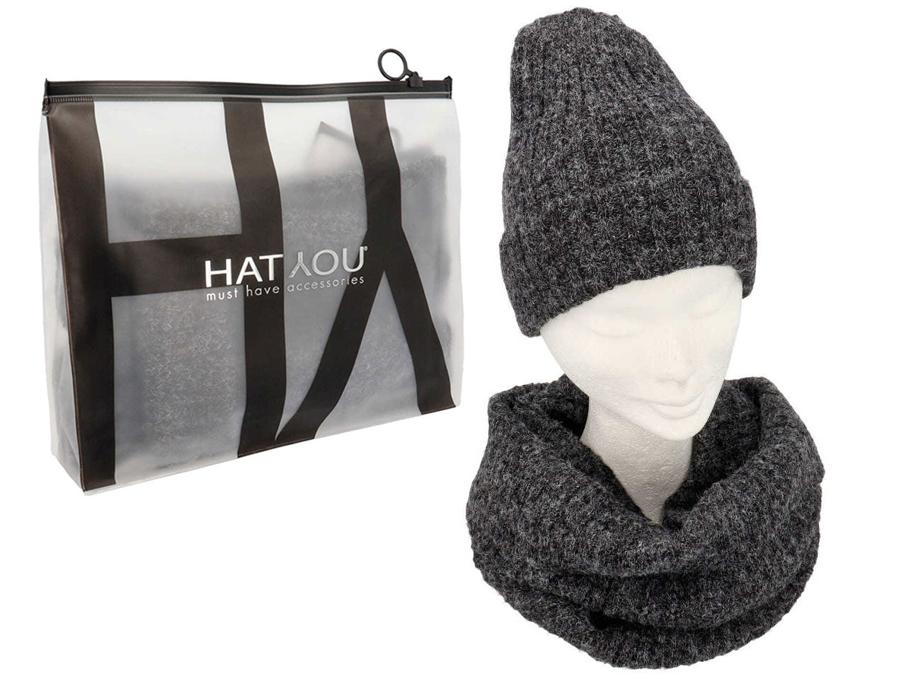 Set busta regalo cuffia collo doppio in maglina a coste colore grigio scuro