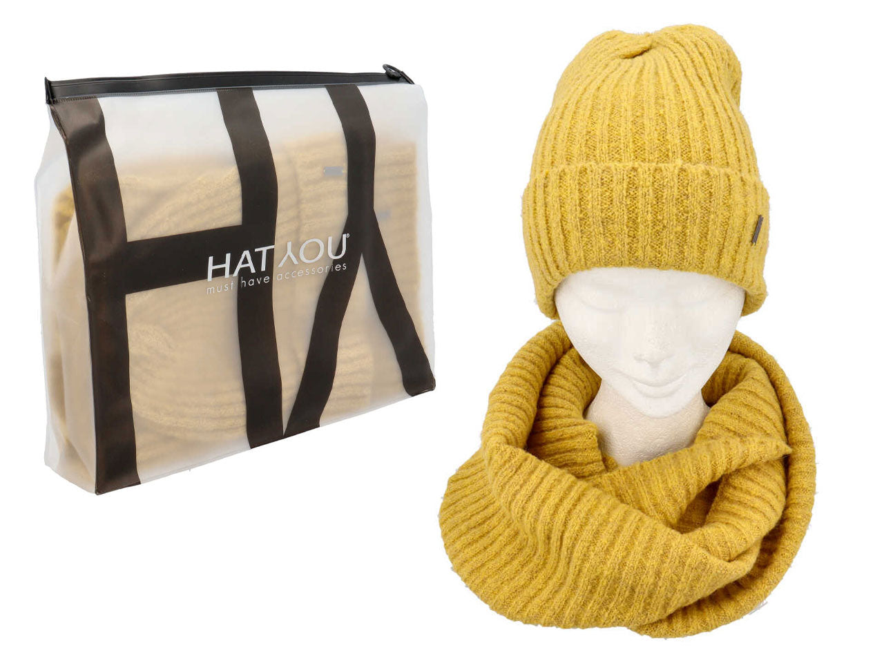 Set busta regalo cuffia collo doppio in maglina a coste colore senape