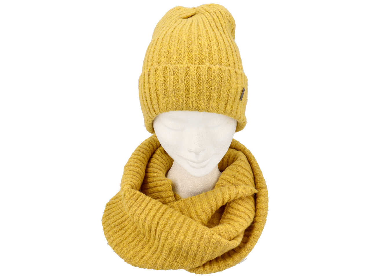 Set busta regalo cuffia collo doppio in maglina a coste colore senape