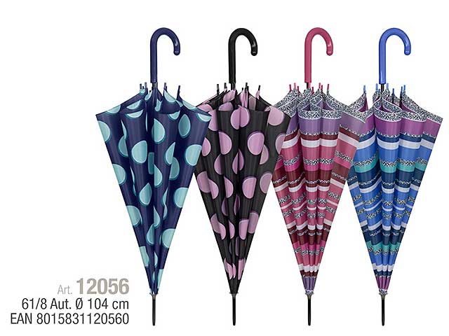 Ombrello donna 61cmauto rigato/pois 12056