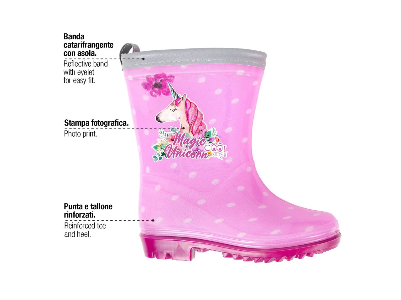 Stivaletti fantasia unicorno bordo catarifrangente cool kids perletti